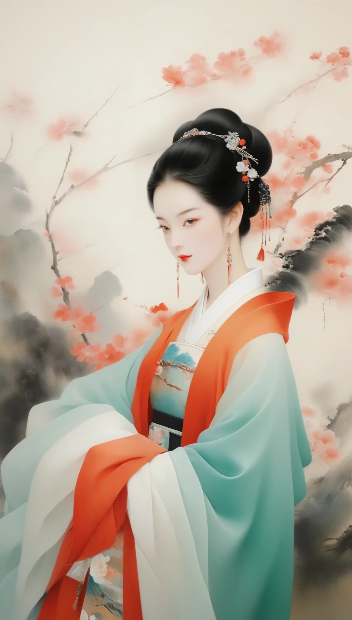Wu Guanzhong，（Wang Zhaojun, a beauty from the Western Han Dynasty in China, holding a lute：0.13），（whole body），（Han Dynasty red hooded cloak costume），（lute），（Velvet）（mink clothes），Background is the desert with a plump and rounded appearance，Round face shape，The eyes are not big，Small nose，Lips are red and slightly upturned，Has long black hair，background：Falling geese，Wu Guanzhong, a combination of Chinese and Western，His oil paintings are fresh、Bright，Full of national characteristics and lyrical meaning。Later he engaged in innovating ink painting，His paintings are somewhere between figuration and abstraction，Points to note、The rhythm of blending lines and ink blocks，With strong artistic personality and modern flavor。