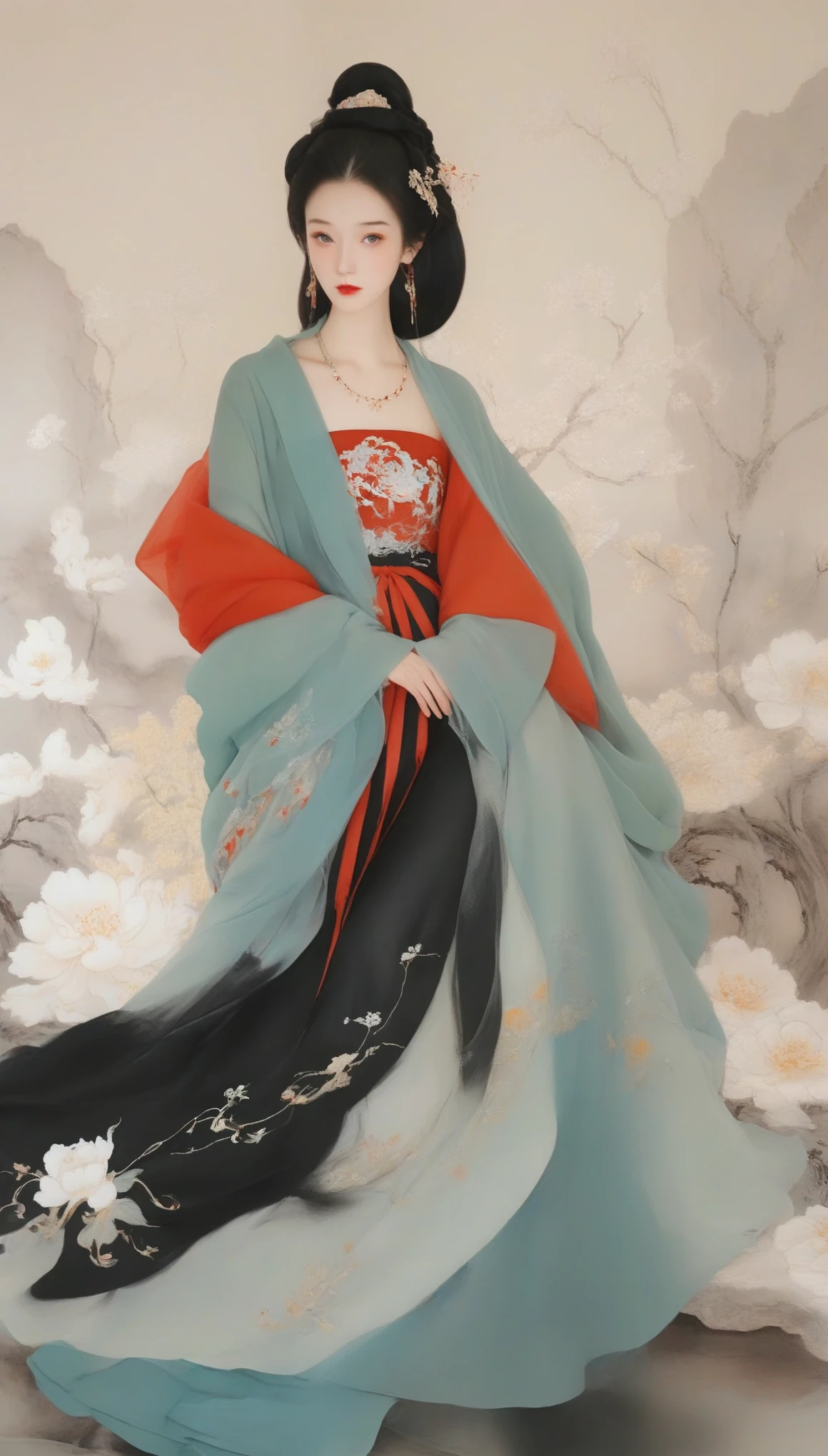 Wu Guanzhong&#39;s works，（Wang Zhaojun, a beauty from the Western Han Dynasty in China, holding a lute：0.13），（whole body），（Han Dynasty winter red hooded cloak coat：0.65），Falling geese，（lute：0.85），（Velvet）（mink clothes），Background is the desert with a plump and rounded appearance，Round face shape，The eyes are not big，Small nose，Lips are red and slightly upturned，Has long black hair，background：Falling geese，Wu Guanzhong conquered both China and the West outside the Great Snow，His oil paintings are fresh、Bright，Full of national characteristics and lyrical meaning。Later he engaged in innovating ink painting，His paintings are somewhere between figuration and abstraction，Points to note、The rhythm of blending lines and ink blocks，With strong artistic personality and modern flavor。