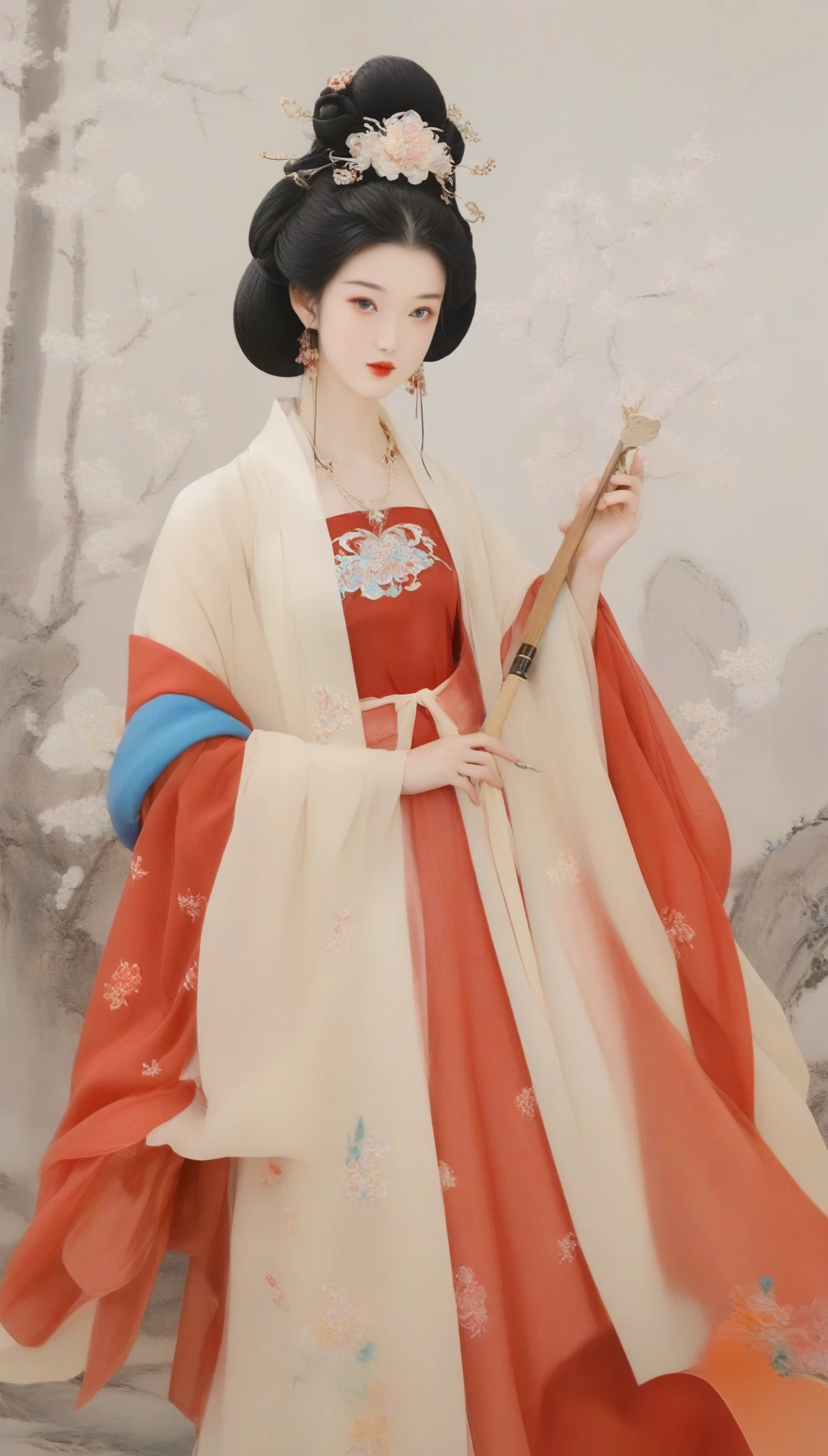 Wu Guanzhong&#39;s works，（中国西汉时期的美女王昭君抱着lute：0.13），（whole body），（Han Dynasty winter red hooded cloak coat：0.65），Falling geese，（lute：0.85），（Velvet）（mink clothes），background是大漠容貌较为丰腴圆润，Round face shape，The eyes are not big，Small nose，Lips are red and slightly upturned，Has long black hair，background：Falling geese，Wu Guanzhong conquered both China and the West outside the Great Snow，His oil paintings are fresh、Bright，Full of national characteristics and lyrical meaning。Later he engaged in innovating ink painting，His paintings are somewhere between figuration and abstraction，Points to note、The rhythm of blending lines and ink blocks，With strong artistic personality and modern flavor。