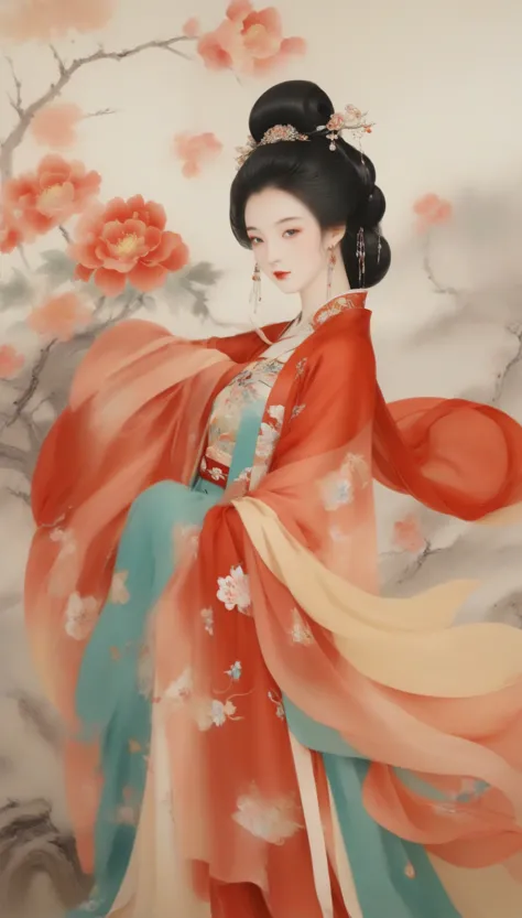 Wu Guanzhong作品，Wu Guanzhong，（中国西汉时期的美女王昭君抱着lute：0.13），（whole body），（Han dynasty winter mink red hooded cloak witch costume：0.65）...