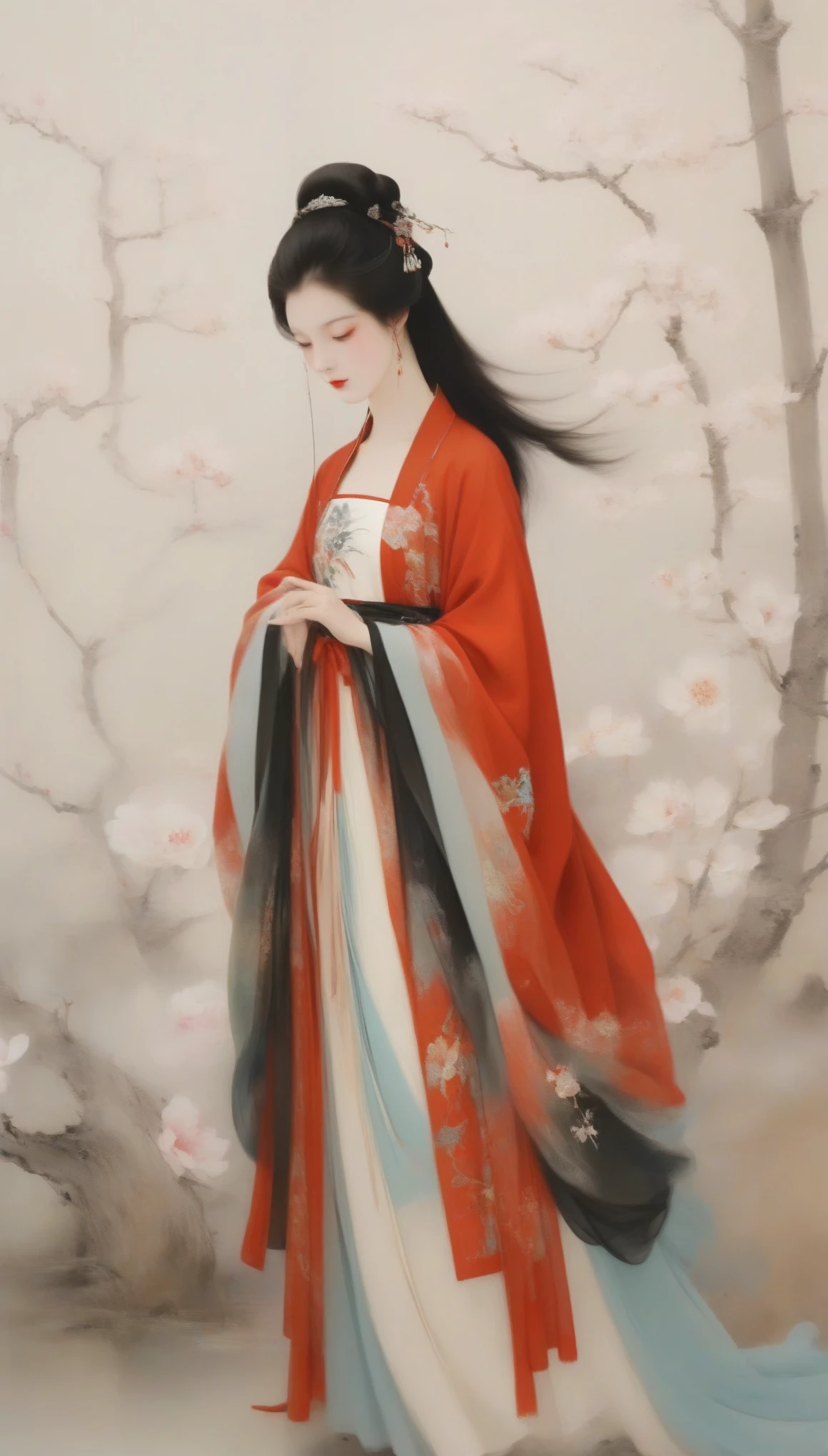 Wu Guanzhong作品，Wu Guanzhong，（中国西汉时期的美女王昭君抱着lute：0.13），（whole body），（Han Dynasty winter red hooded cloak witch costume：0.65），Falling geese，（lute：0.85），（Velvet）（mink clothes），background是大漠容貌较为丰腴圆润，Round face shape，The eyes are not big，Small nose，Lips are red and slightly upturned，Has long black hair，background：Falling geese，大雪塞外 
Wu Guanzhong兼取中西，His oil paintings are fresh、Bright，Full of national characteristics and lyrical meaning。Later he engaged in innovating ink painting，His paintings are somewhere between figuration and abstraction，Points to note、The rhythm of blending lines and ink blocks，With strong artistic personality and modern flavor。