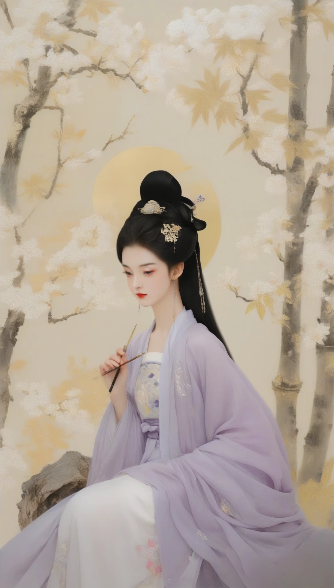 Wu Guanzhong&#39;s works，（Diao Chan, a beautiful woman in the Eastern Han Dynasty of China, is looking at the moon：0.13），（whole body），moon，Charming and charming appearance，Beautiful，Brilliant，Very charming”， "Slim figure，Good looks，The eyes are enchanting，（Han Dynasty purple clothing：0.65），（moon：0.85），background：garden，
 Wu Guanzhong absorbed both Chinese and Western，His oil paintings are fresh、Bright，Full of national characteristics and lyrical meaning。Later he engaged in innovating ink painting，His paintings are somewhere between figuration and abstraction，Points to note、The rhythm of blending lines and ink blocks，With strong artistic personality and modern flavor。