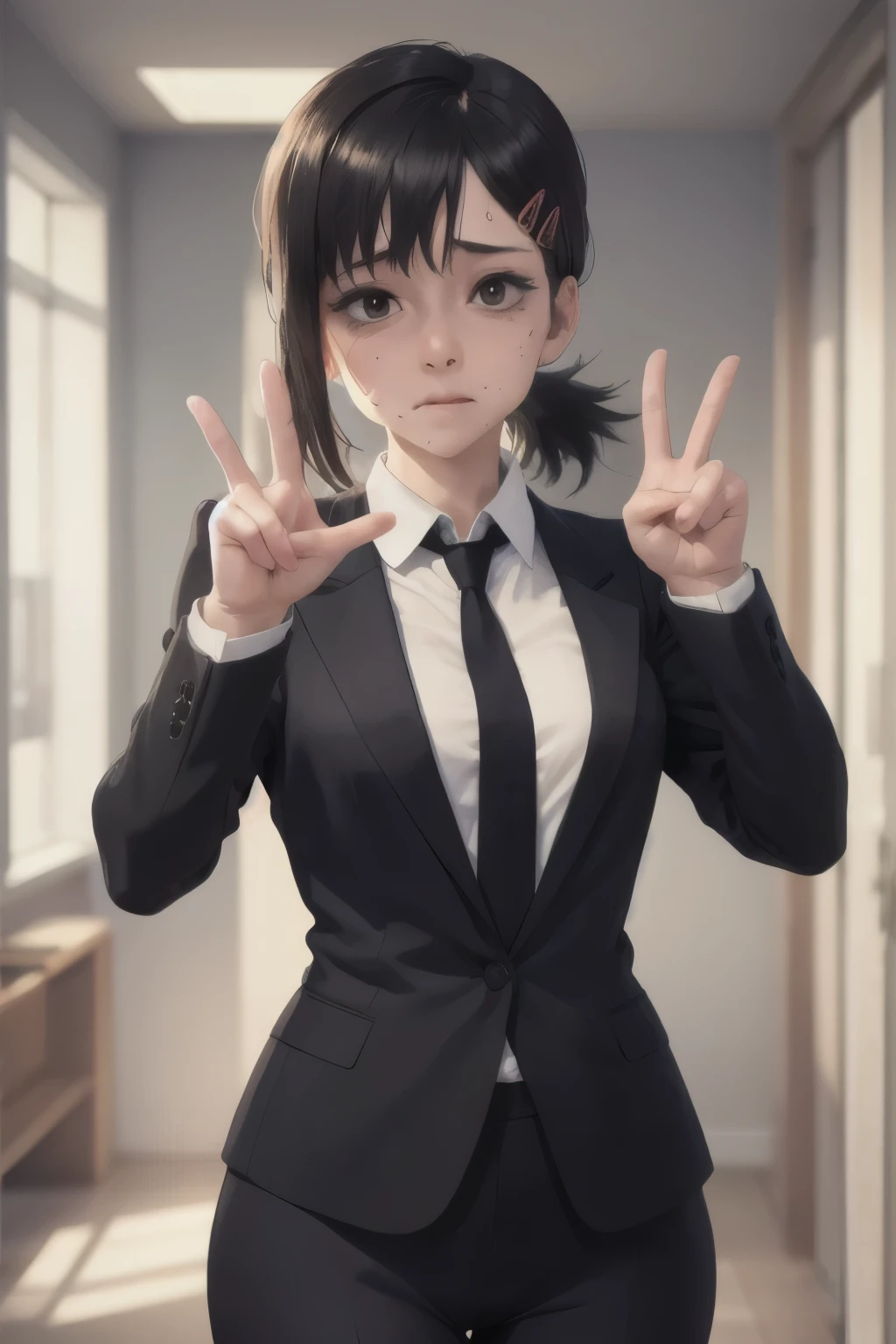 (masterpiece, best quality:1.2), kobenidef, sweat, flustered, looking at viewer, v, peace sign, short ponytail, hairclip, formal, suit, black jacket, black necktie, nude