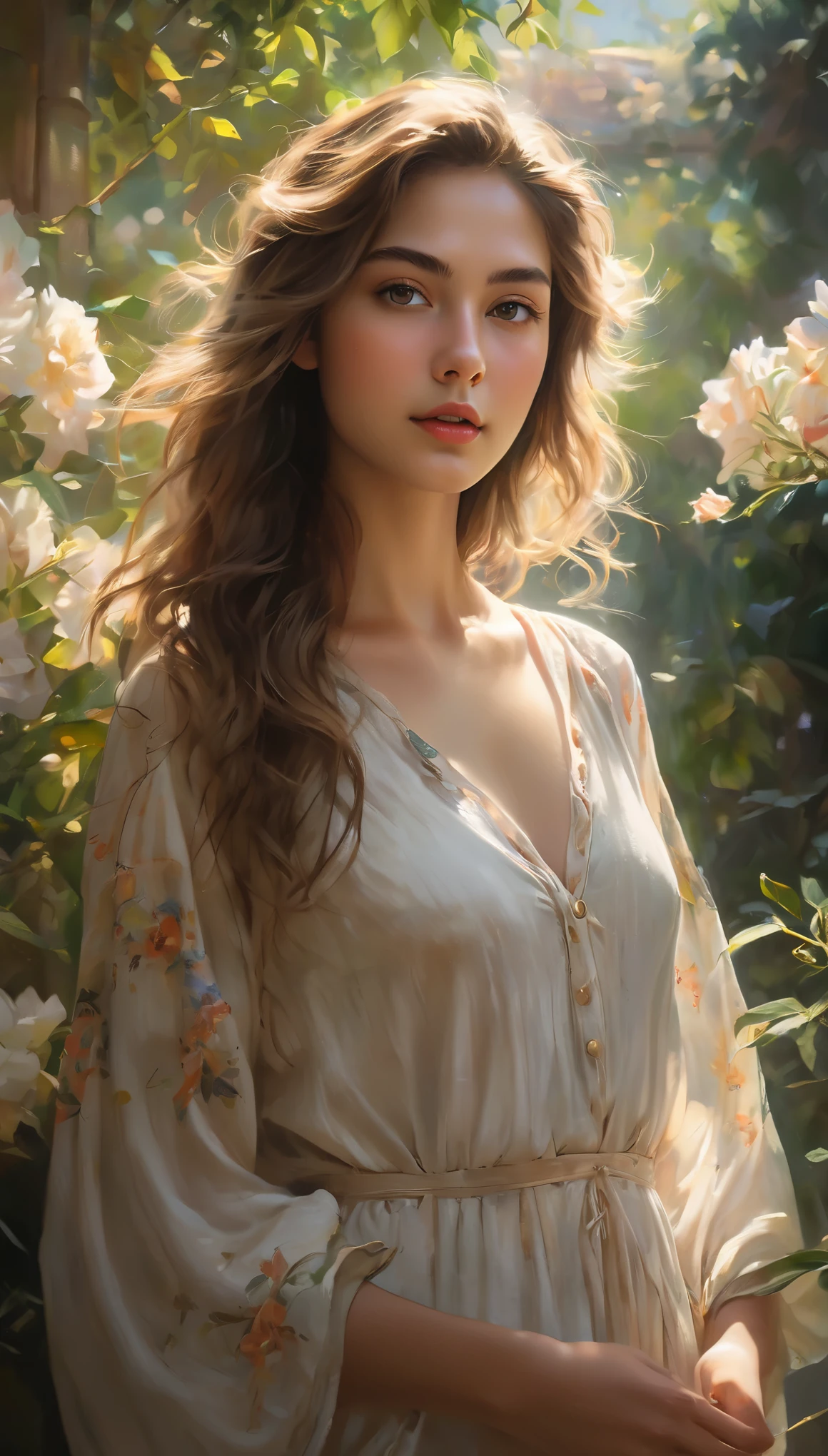 (best quality, highres, ultra-detailed, realistic:1.37), a 16yo half Italian girl with breathtaking beauty under the dappled sunlight, a nude art piece in the style of oil painting, depicted with stunning realism and intricate details. The girl has porcelain-like skin, radiant with a soft glow. Her mesmerizing eyes are filled with depth and emotion, enhanced with long, dark lashes. Her full, luscious lips are delicately painted with a hint of natural color. Long, flowing locks of hair cascade down her back, catching the gentle rays of sunlight.

The girl stands gracefully in a picturesque garden, surrounded by vibrant flowers and lush green foliage. The warm golden sunlight filters through the branches, casting enchanting shadows on her flawless form. The scene exudes a sense of tranquility and serenity, as if time has momentarily stood still.

The textures of the flowers and leaves are rendered with rich colors and intricate details, bringing them to life on the canvas. The overall composition showcases a harmonious balance between light and shadow, accentuating the girl's ethereal beauty.

The color palette of the painting is dominated by warm tones, with hints of soft pastels to add a touch of whimsy. The sunlight bathes the scene in a warm, golden glow, illuminating the girl's fair complexion and casting a soft, romantic atmosphere.

The lighting in the artwork is carefully crafted, emphasizing the natural play of light and shadow. The subtle interplay of highlights and shadows enhances the depth and dimensionality of the girl's figure, adding a sense of realism to the painting. The soft, diffused light further enhances the dreamlike quality of the scene, creating a magical and captivating ambiance.

The resulting artwork is a masterpiece of beauty and artistry, capturing the essence of a girl's innocence and vulnerability in a mesmerizing and timeless, (NSFW:1.2) 