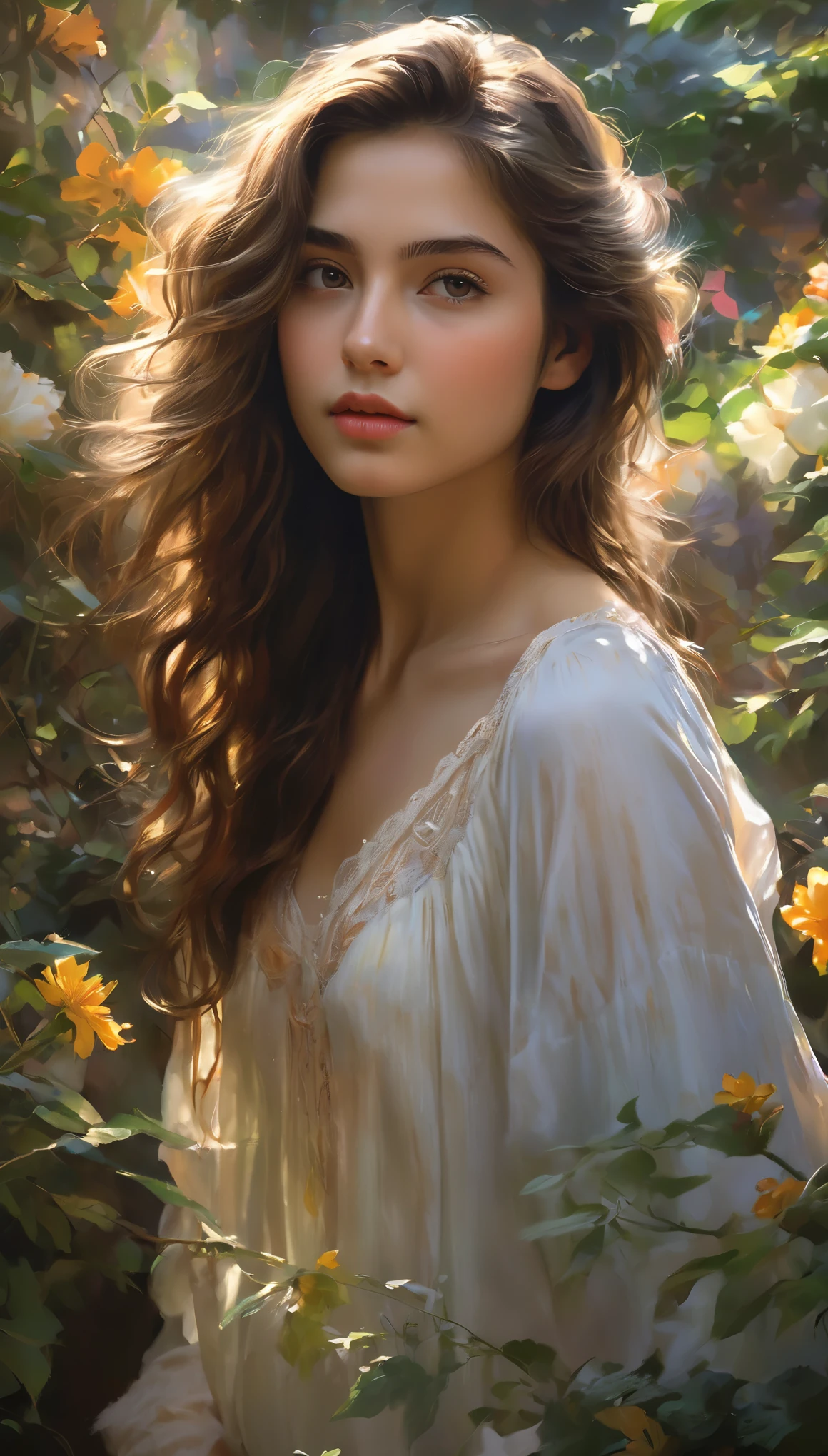 (best quality, highres, ultra-detailed, realistic:1.37), a 16yo half Italian girl with breathtaking beauty under the dappled sunlight, a nude art piece in the style of oil painting, depicted with stunning realism and intricate details. The girl has porcelain-like skin, radiant with a soft glow. Her mesmerizing eyes are filled with depth and emotion, enhanced with long, dark lashes. Her full, luscious lips are delicately painted with a hint of natural color. Long, flowing locks of hair cascade down her back, catching the gentle rays of sunlight.

The girl stands gracefully in a picturesque garden, surrounded by vibrant flowers and lush green foliage. The warm golden sunlight filters through the branches, casting enchanting shadows on her flawless form. The scene exudes a sense of tranquility and serenity, as if time has momentarily stood still.

The textures of the flowers and leaves are rendered with rich colors and intricate details, bringing them to life on the canvas. The overall composition showcases a harmonious balance between light and shadow, accentuating the girl's ethereal beauty.

The color palette of the painting is dominated by warm tones, with hints of soft pastels to add a touch of whimsy. The sunlight bathes the scene in a warm, golden glow, illuminating the girl's fair complexion and casting a soft, romantic atmosphere.

The lighting in the artwork is carefully crafted, emphasizing the natural play of light and shadow. The subtle interplay of highlights and shadows enhances the depth and dimensionality of the girl's figure, adding a sense of realism to the painting. The soft, diffused light further enhances the dreamlike quality of the scene, creating a magical and captivating ambiance.

The resulting artwork is a masterpiece of beauty and artistry, capturing the essence of a girl's innocence and vulnerability in a mesmerizing and timeless, (NSFW:1.2) 