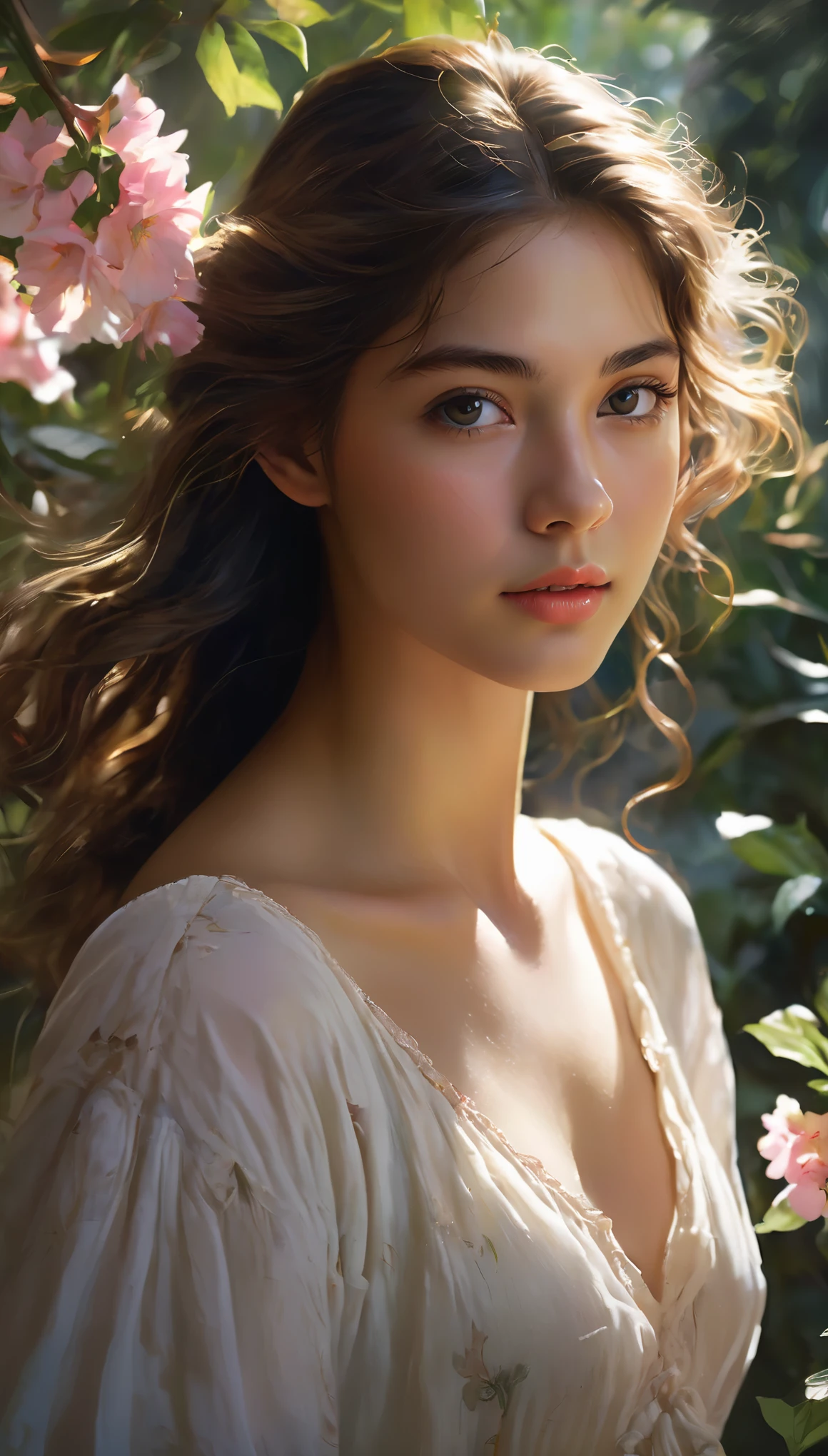 (best quality, highres, ultra-detailed, realistic:1.37), a 16yo half Italian girl with breathtaking beauty under the dappled sunlight, a nude art piece in the style of oil painting, depicted with stunning realism and intricate details. The girl has porcelain-like skin, radiant with a soft glow. Her mesmerizing eyes are filled with depth and emotion, enhanced with long, dark lashes. Her full, luscious lips are delicately painted with a hint of natural color. Long, flowing locks of hair cascade down her back, catching the gentle rays of sunlight.

The girl stands gracefully in a picturesque garden, surrounded by vibrant flowers and lush green foliage. The warm golden sunlight filters through the branches, casting enchanting shadows on her flawless form. The scene exudes a sense of tranquility and serenity, as if time has momentarily stood still.

The textures of the flowers and leaves are rendered with rich colors and intricate details, bringing them to life on the canvas. The overall composition showcases a harmonious balance between light and shadow, accentuating the girl's ethereal beauty.

The color palette of the painting is dominated by warm tones, with hints of soft pastels to add a touch of whimsy. The sunlight bathes the scene in a warm, golden glow, illuminating the girl's fair complexion and casting a soft, romantic atmosphere.

The lighting in the artwork is carefully crafted, emphasizing the natural play of light and shadow. The subtle interplay of highlights and shadows enhances the depth and dimensionality of the girl's figure, adding a sense of realism to the painting. The soft, diffused light further enhances the dreamlike quality of the scene, creating a magical and captivating ambiance.

The resulting artwork is a masterpiece of beauty and artistry, capturing the essence of a girl's innocence and vulnerability in a mesmerizing and timeless, (NSFW:1.2) 