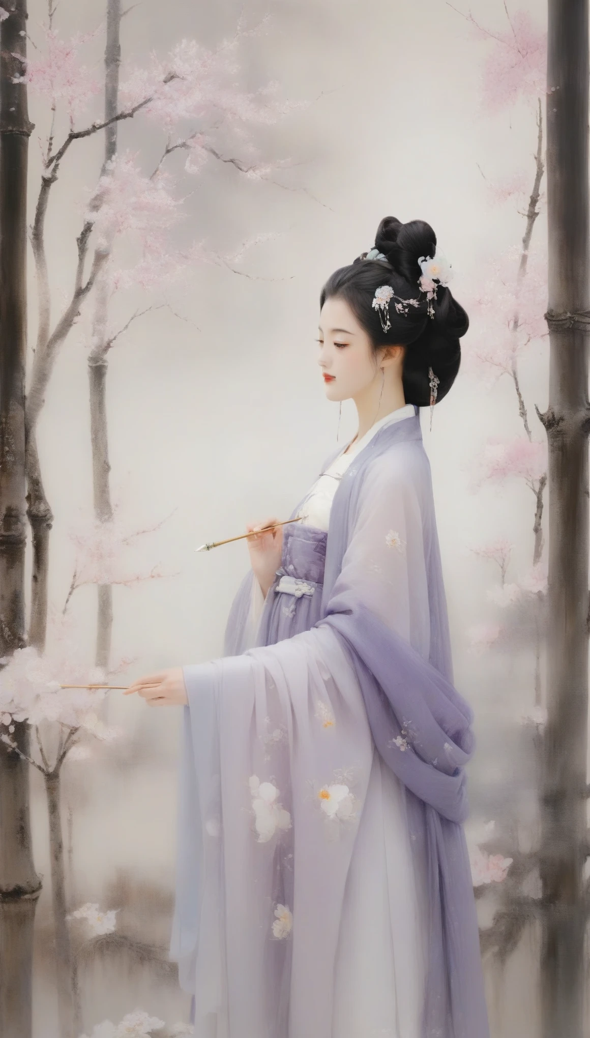 Wu Guanzhong&#39;s works，（Diao Chan, a beautiful woman in the Eastern Han Dynasty of China, is looking at the moon：0.13），（whole body），moon，Charming and charming appearance，Beautiful，Brilliant，Very charming”， "Slim figure，Good looks，The eyes are enchanting，（Han Dynasty purple clothing：0.65），（moon：0.85），background：garden，
 Wu Guanzhong absorbed both Chinese and Western，His oil paintings are fresh、Bright，Full of national characteristics and lyrical meaning。Later he engaged in innovating ink painting，His paintings are somewhere between figuration and abstraction，Points to note、The rhythm of blending lines and ink blocks，With strong artistic personality and modern flavor。