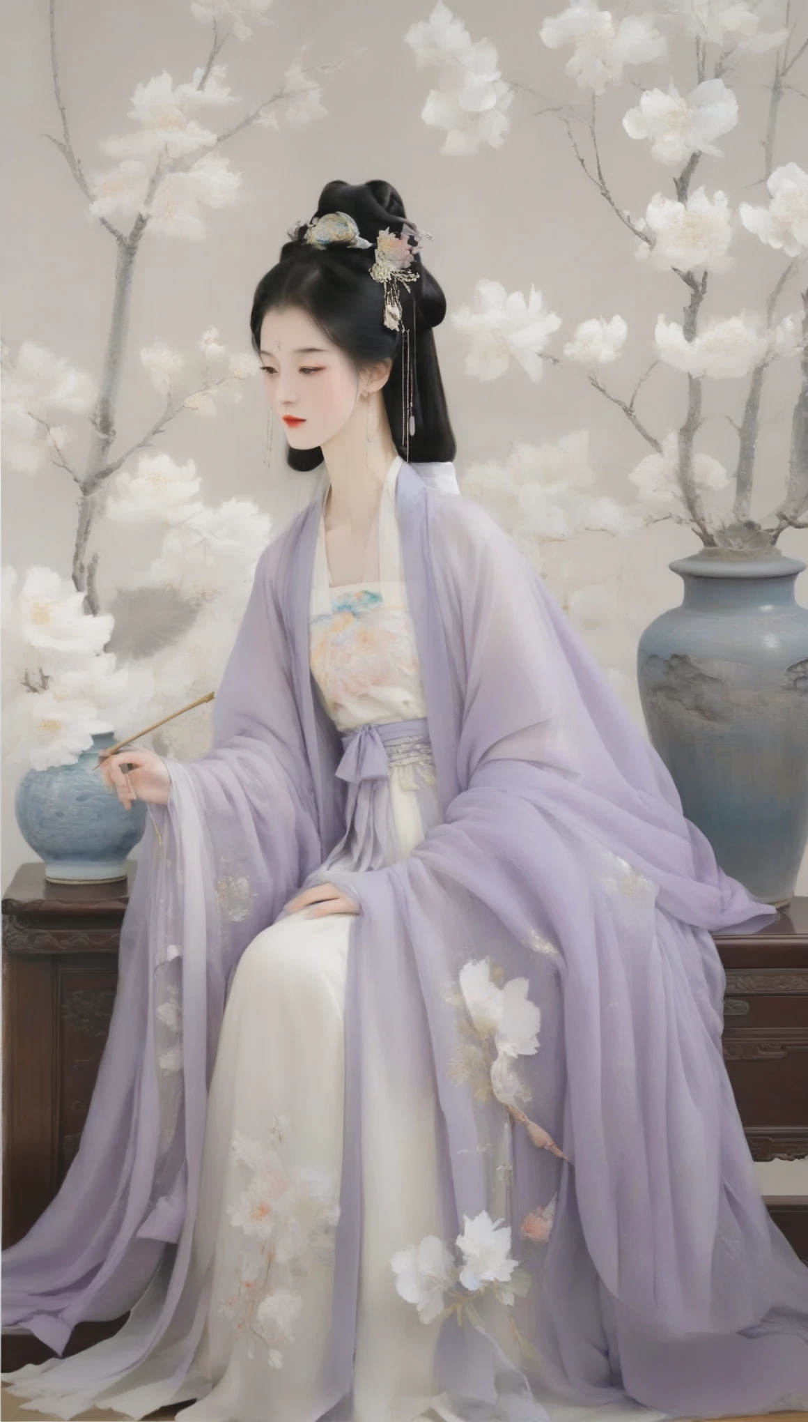Wu Guanzhong&#39;s works，（Diao Chan, a beautiful woman in the Eastern Han Dynasty of China, is looking at the moon：0.13），（whole body），moon，Charming and charming appearance，Beautiful，Brilliant，Very charming”， "Slim figure，Good looks，The eyes are enchanting，（Han Dynasty purple clothing：0.65），（moon：0.85），background：garden，
 Wu Guanzhong absorbed both Chinese and Western，His oil paintings are fresh、Bright，Full of national characteristics and lyrical meaning。Later he engaged in innovating ink painting，His paintings are somewhere between figuration and abstraction，Points to note、The rhythm of blending lines and ink blocks，With strong artistic personality and modern flavor。