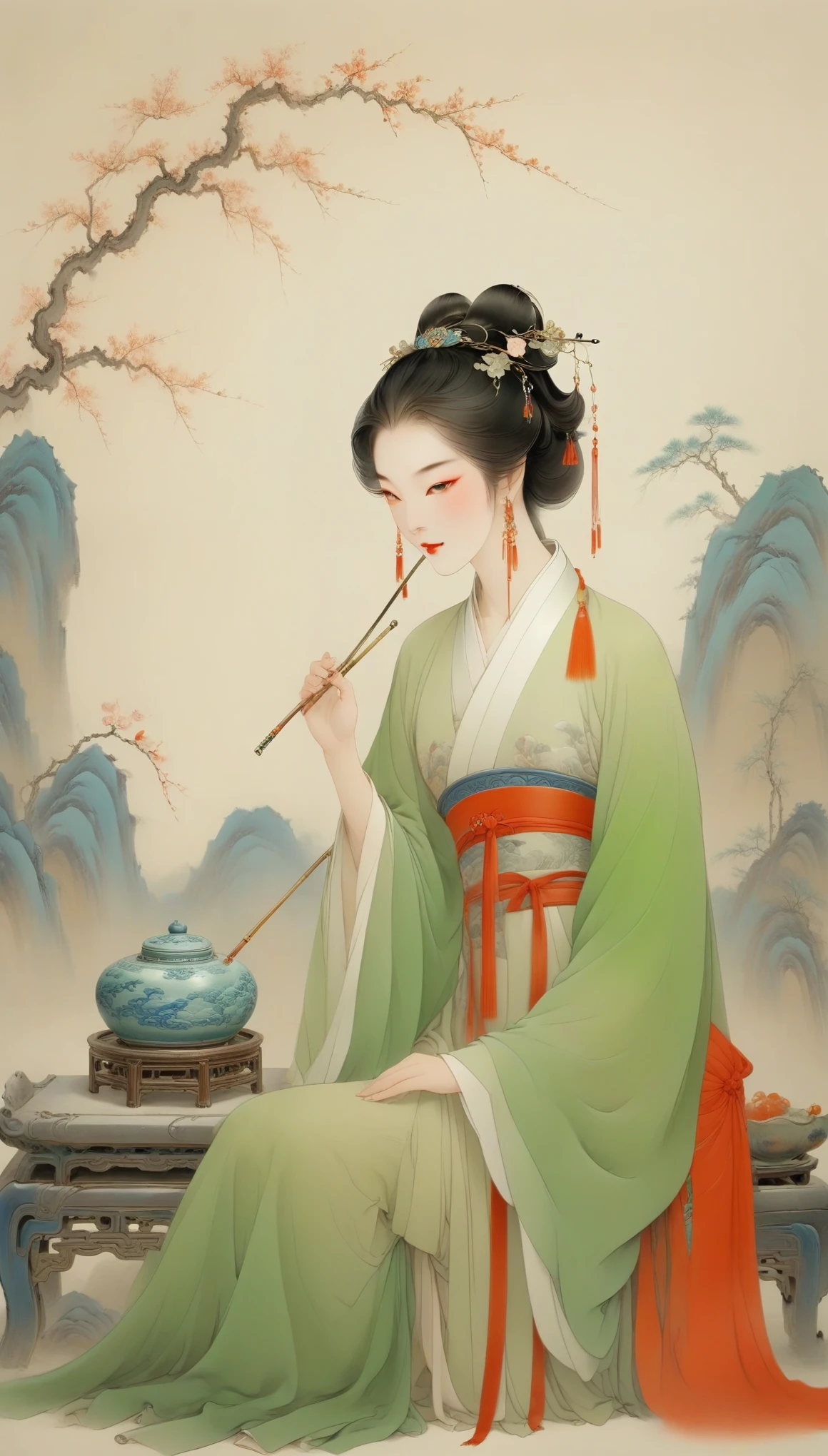 Wu Guanzhong，（The gorgeous and noble Concubine Yang of the Tang Dynasty of China is drinking from an ancient wine cup.：0.85），(Chinese Tang Dynasty costumes)，high bun、Exposed breasts、Red silk draped over shoulders，上着窄袖短shirt，Wearing a green floor-length skirt，Yang Guifei, a Tang Dynasty woman with a red belt hanging from her waist, is described as having exquisite facial features and a plump and well-proportioned body.。Her face is delicate，Have long, curved eyebrows，Resembling spring willow leaves，Eyes are big and full of energy，Eye corners raised slightly，The bridge of the nose is high and delicate，The small and rosy cherry mouth adds a lot of charm to her，Ears full and white，Hair is black and shiny，Highlights her fair skin，Good figure，The characteristic of women&#39;s clothing in the Tang Dynasty was skirts、shirt、The unity of Pei，An image of bare chest and arms appeared，。Wu Guanzhong兼取中西，His oil paintings are fresh、Bright，Full of national characteristics and lyrical meaning。Later he engaged in innovating ink painting，His paintings are somewhere between figuration and abstraction，Points to note、The rhythm of blending lines and ink blocks，With strong artistic personality and modern flavor。