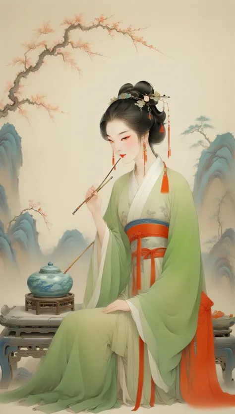 Wu Guanzhong，（The gorgeous and noble Concubine Yang of the Tang Dynasty of China is drinking from an ancient wine cup.：0.85），(Ch...