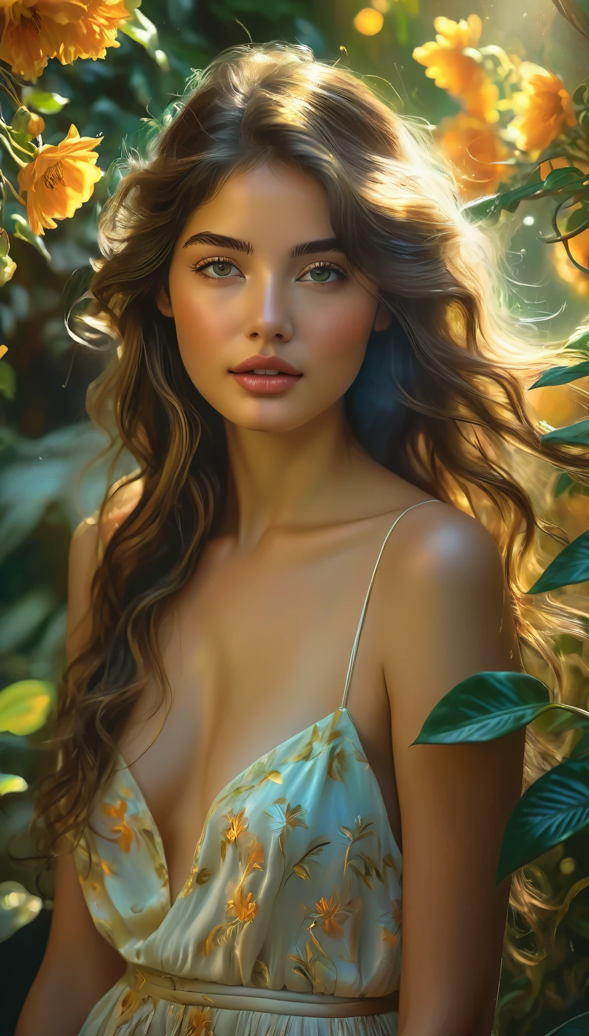 (best quality, highres, ultra-detailed, realistic:1.37), a 16yo exotic half Italian girl with breathtaking beauty under the dappled sunlight, a nude art piece in the style of photo, depicted with stunning realism and intricate details. The girl has porcelain-like skin, radiant with a soft glow. Her mesmerizing iridescent eyes are filled with depth and emotion, enhanced with long, dark lashes. Her full, luscious lips are delicately painted with a hint of natural color. Long, flowing locks of hair cascade down her back, catching the gentle rays of sunlight.

The girl stands gracefully in a picturesque garden, surrounded by vibrant flowers and lush green foliage. The warm golden sunlight filters through the branches, casting enchanting shadows on her flawless form. The scene exudes a sense of tranquility and serenity, as if time has momentarily stood still.

The textures of the flowers and leaves are rendered with rich colors and intricate details, bringing them to life on the canvas. The overall composition showcases a harmonious balance between light and shadow, accentuating the girl's ethereal beauty.

The color palette of the painting is dominated by warm tones, with hints of soft pastels to add a touch of whimsy. The sunlight bathes the scene in a warm, golden glow, illuminating the girl's fair complexion and casting a soft, romantic atmosphere.

The lighting in the artwork is carefully crafted, emphasizing the natural play of light and shadow. The subtle interplay of highlights and shadows enhances the depth and dimensionality of the girl's figure, adding a sense of realism to the painting. The soft, diffused light further enhances the dreamlike quality of the scene, creating a magical and captivating ambiance.

The resulting artwork is a masterpiece of beauty and artistry, capturing the essence of a girl's innocence and vulnerability in a mesmerizing and timeless 