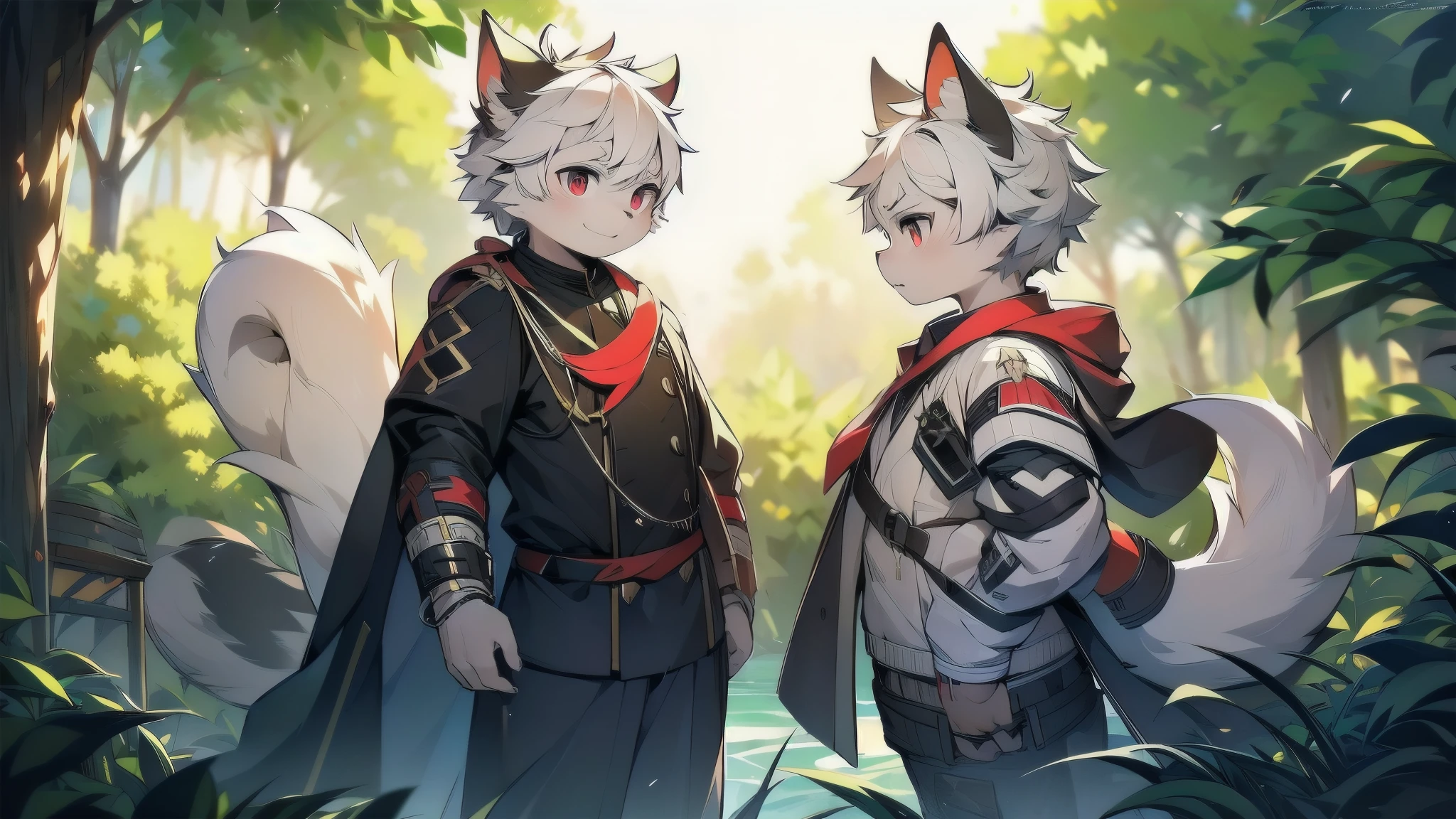 Male cats，gray hair，red pupils，white hair，Mature boy，German officer uniform suit，hairy，war，commander，Handsome，masterpiece，soft lines，wind element，the only person，full body portrait，Arknights style