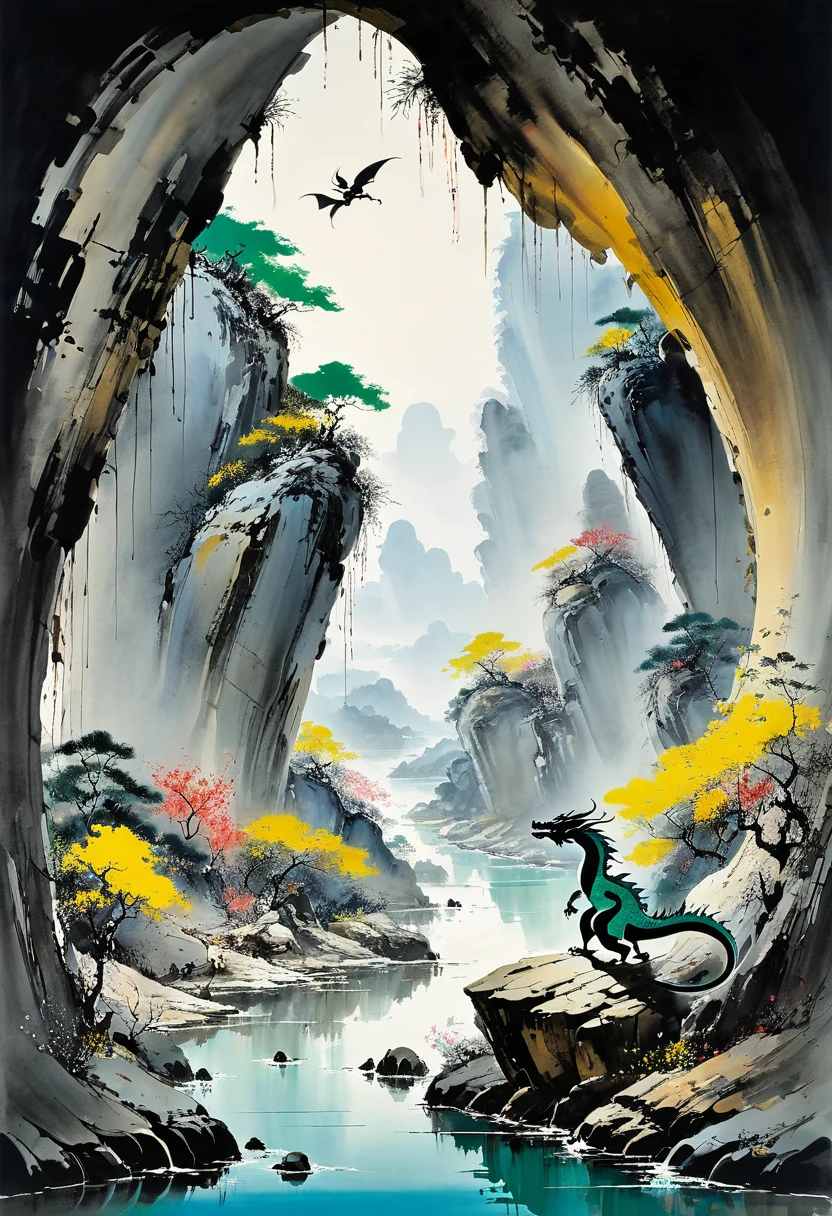 Wu Guanzhong paints a picture, the painting depicts a beautiful baby dragon, dancing in a cave, full compliance with the style of Wu Guanzhong, combining traditional Chinese ink painting techniques with Western painting concepts, unique visual effects using color and lines.