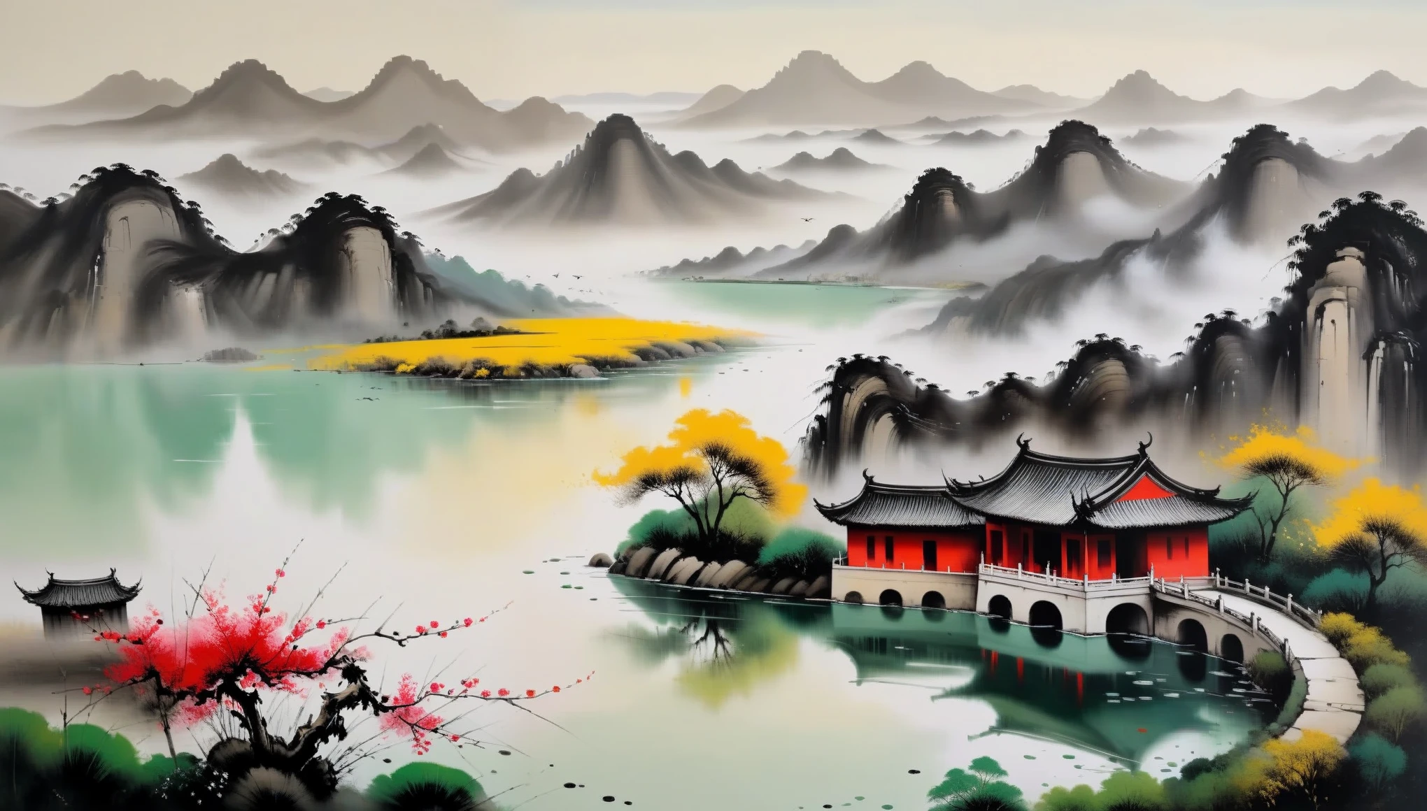 Wu Guanzhong&#39;s pinturas a óleo criativas《》，Comprometido com a criação de pinturas a óleo de paisagens，e explorar a nacionalização da pintura a óleo，Ele tentou realçar a vivacidade intuitiva das pinturas a óleo europeias ao retratar a natureza..、A riqueza e delicadeza das cores da pintura a óleo e da arte tradicional chinesa、Ideais estéticos fundidos，Ele se esforça para usar materiais e ferramentas tradicionais chinesas para expressar，e explore a inovação da pintura chinesa。