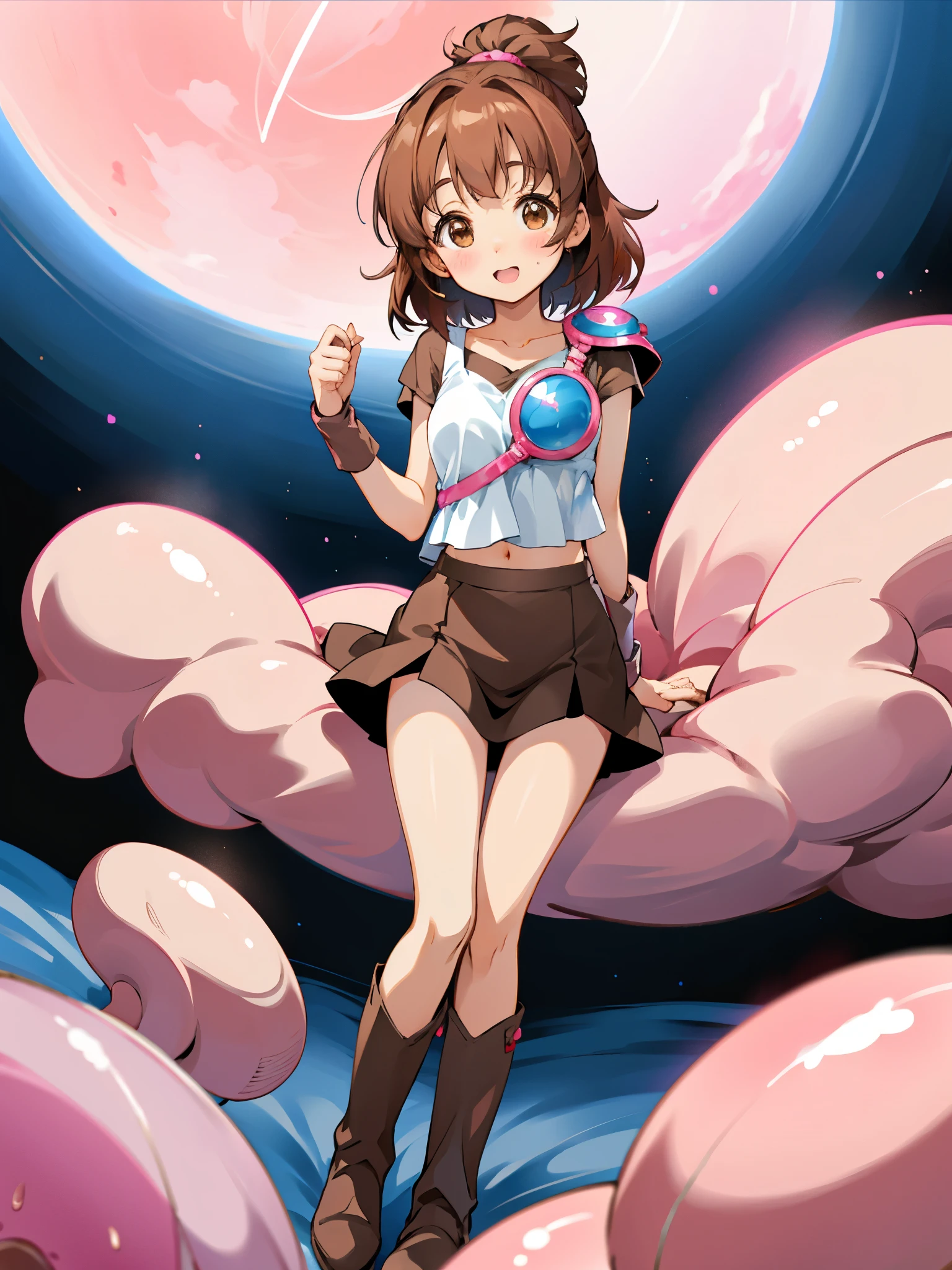 Anime girl sitting on a giant pink cloud with a blue orb - SeaArt AI