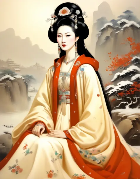 wu guanzhong，beauty queen zhaojun of han dynasty, china，portrait，winter hooded cloak，ermine，chinese lute，