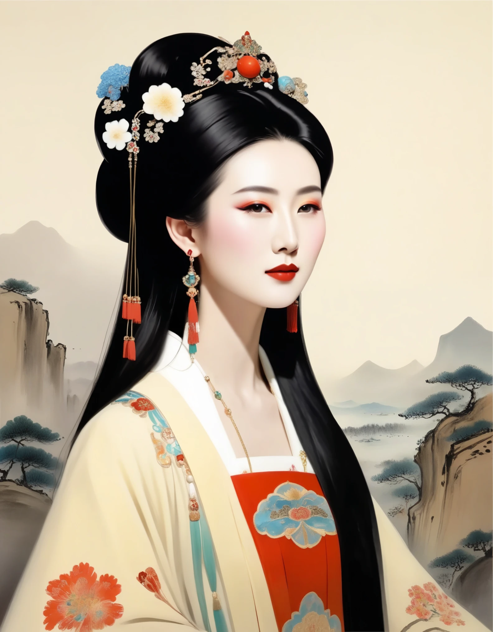 Wu Guanzhong，Rainha da Beleza Zhaojun da Dinastia Han, China，Retrato，capa de inverno com capuz，arminho，alaúde chinês，O estilo de Wu Guanzhong é um estilo artístico que combina técnicas tradicionais de pintura a tinta chinesa com conceitos ocidentais.，Apresenta uma perspectiva moderna sobre temas tradicionais，Crie efeitos visuais únicos através de cores e linhas。