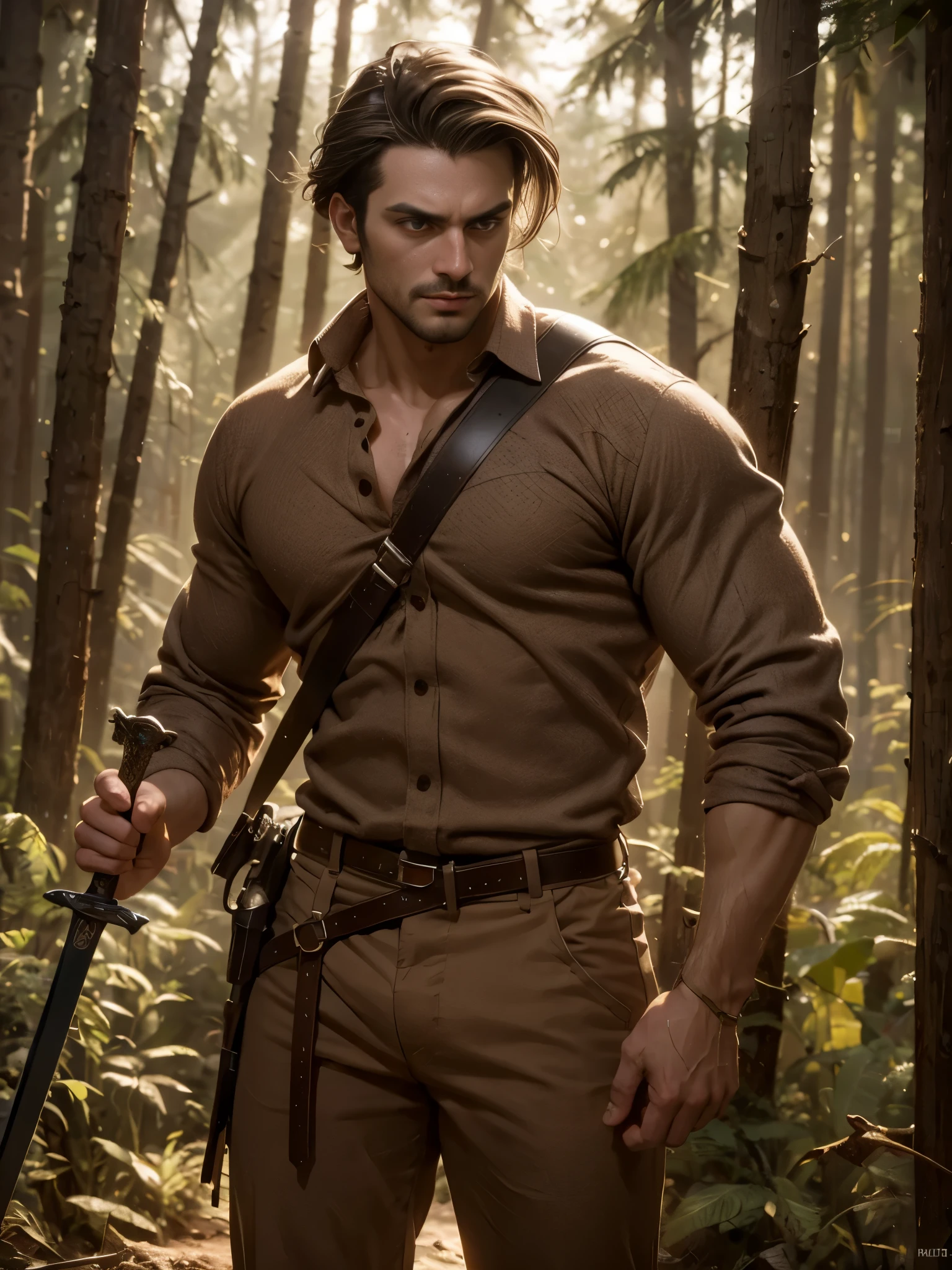 1 muscular male, 30yo, short brown hair, brown eyes, muscular, wearing brown wool shirt and brown will pants, holding sword, ultra high resolution, detailed face, forest background, wind, particle effects, dynamic lighting, lights, volumetric light, realistic, intricate details, everything in razor sharp focus, male focus, solo, Photograph, masterwork, 12K, ultra-defined, intricate details, absurdres, hyper-detailed, dark fantasy, particle effects, tyndall effect
