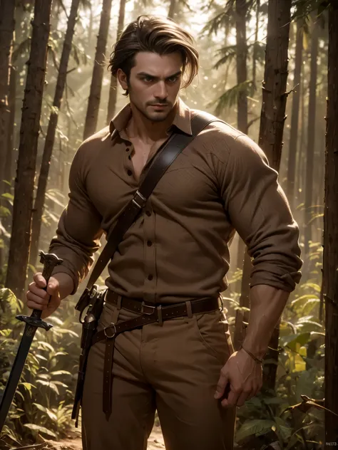 1 muscular male, 30yo, short brown hair, brown eyes, muscular, wearing brown wool shirt and brown will pants, holding sword, ult...