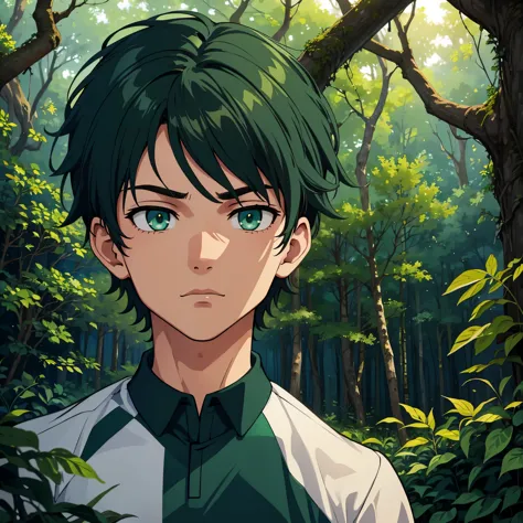 1boy, masculino, soccer uniform , green eyes , inside the forest, wild, forest