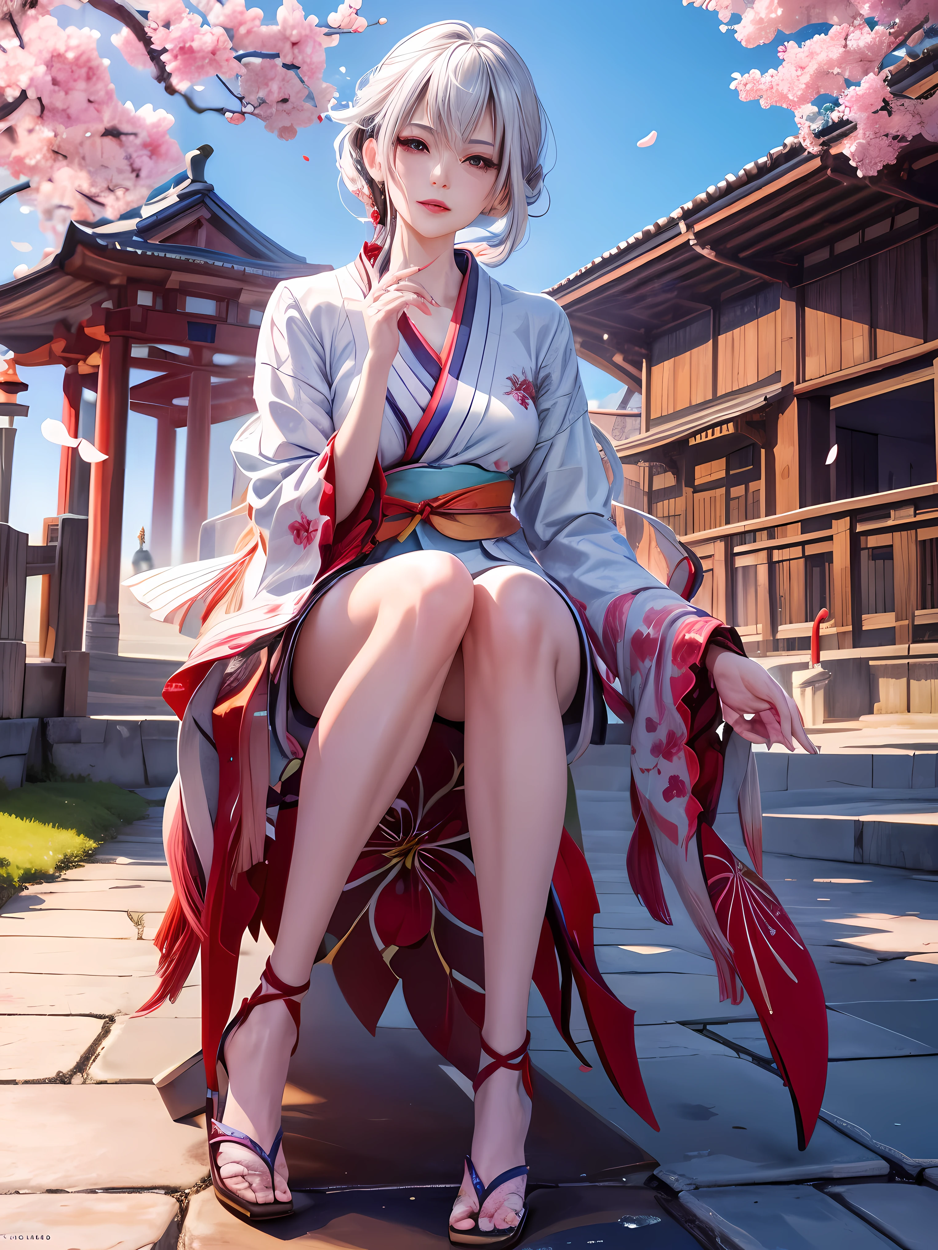 arlecchino wearing kimono, under a cherry blossom tree, with swift wind blowing her hair, show her full body, (best quality,4k,8k,highres,masterpiece:1.2),ultra-detailed,(realistic,photorealistic,photo-realistic:1.37),traditional Japanese illustration, vibrant red and pink color tones, soft sunlight, traditional Japanese lanterns, delicate cherry blossom petals fluttering in the wind, detailed patterns on the kimono, beautiful hand-painted face, subtle smile on her lips, graceful and elegant posture