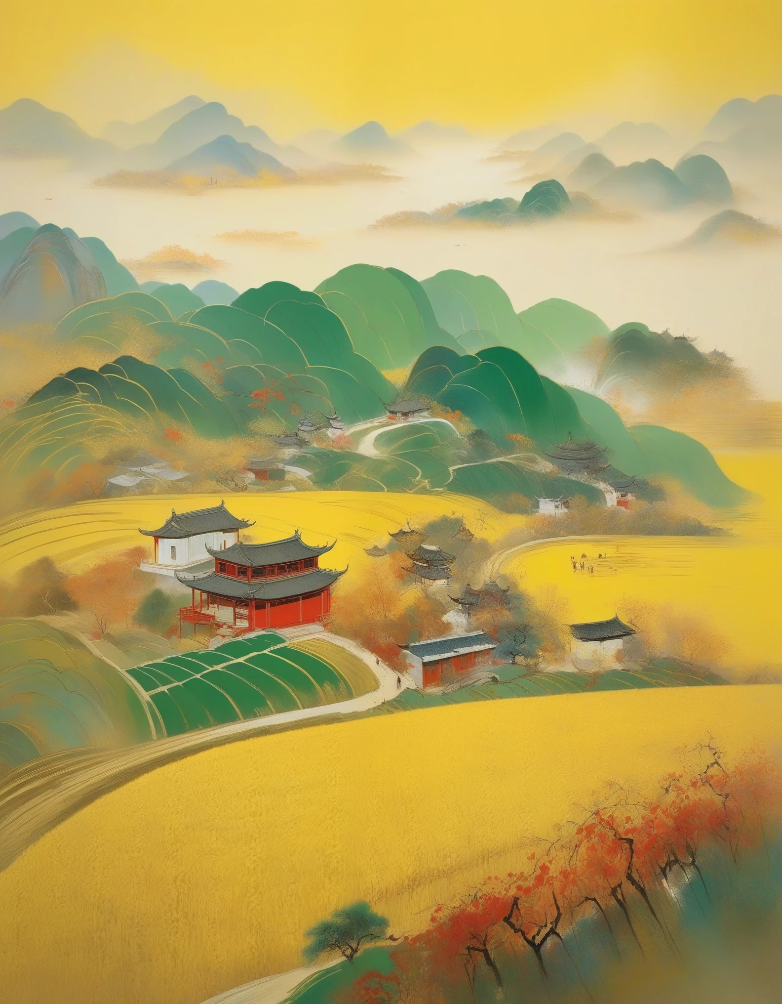 O trabalho de Wu Guanzhong, (Campo de Trigo da Colheita de Outono Chinês), O estilo de Wu Guanzhong é um estilo artístico que combina técnicas tradicionais de pintura a tinta chinesa com conceitos ocidentais, caracterizado pelo uso de perspectivas modernas na interpretação de temas tradicionais e na criação de efeitos visuais únicos através de cores e linhas.