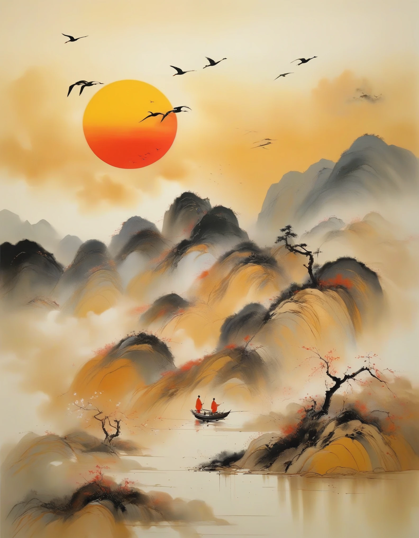 O trabalho de Wu Guanzhong, (Pôr do sol no deserto com grandes gansos), O estilo de Wu Guanzhong é um estilo artístico que combina técnicas tradicionais de pintura a tinta chinesa com conceitos ocidentais, caracterizado pelo uso de perspectivas modernas na interpretação de temas tradicionais e na criação de efeitos visuais únicos através de cores e linhas.