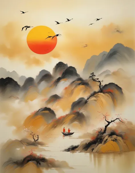 Wu Guanzhong's work, (Desert Sunset with Big Geese), Wu Guanzhong's style is an artistic style that combines traditional Chinese...