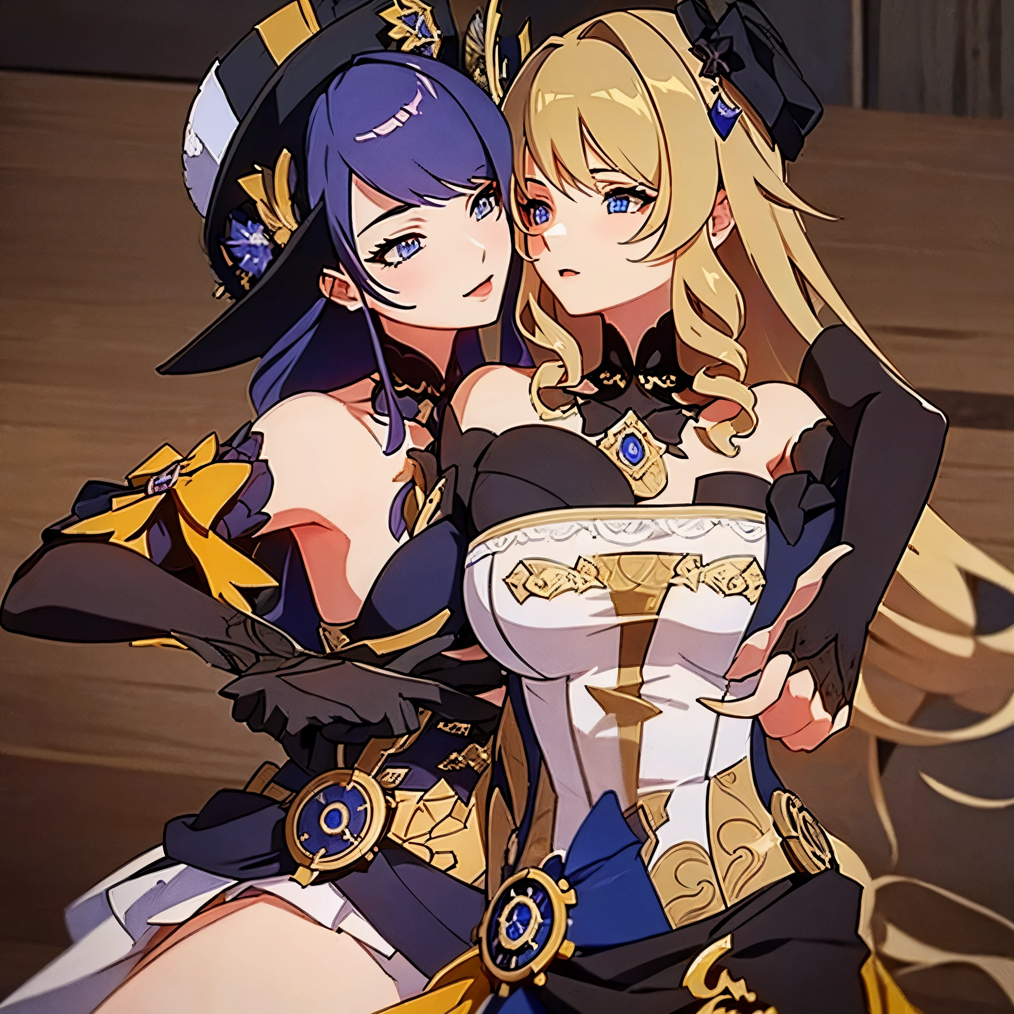 Two anime girls in costumes are hugging each other - SeaArt AI