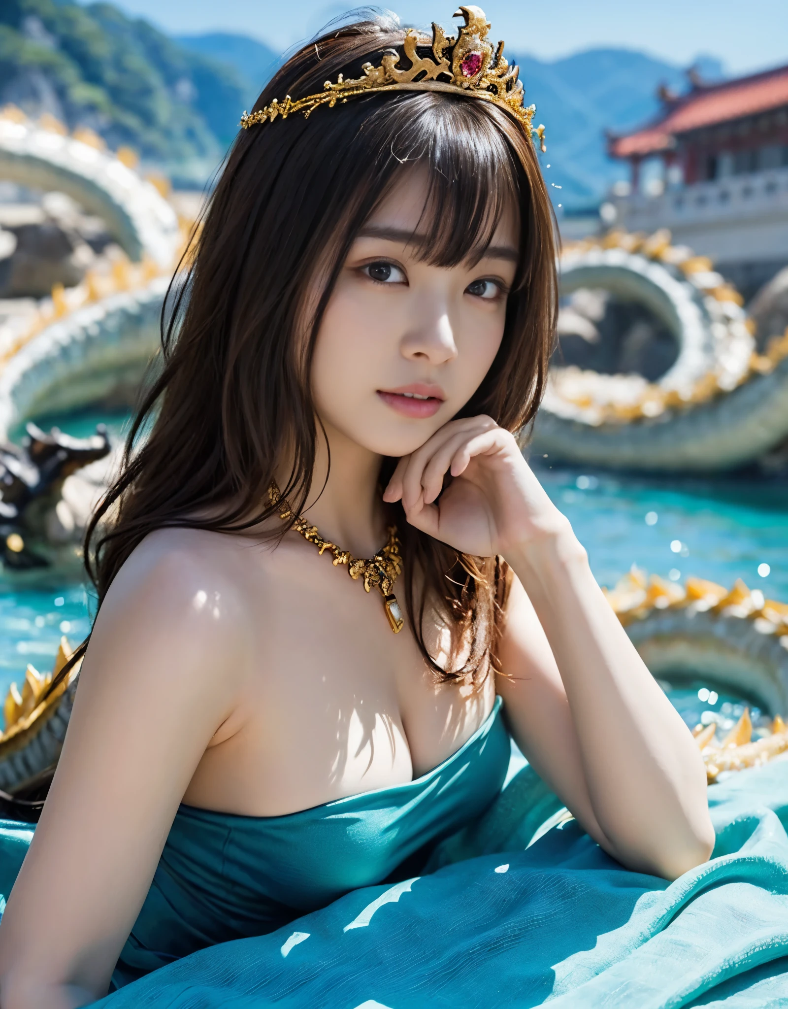 (very heavy chest)、highest quality、masterpiece、ultra high resolution、（water dragon armor）、(((Metal製))),(((big breasts)))、(((black micro bikini))),(she wears a beautiful crown made of precious stones.),(Photoreal:1.4)、RAW photo、1 girl、(((random hair))、(((color々take a pose)))、glowing skin、(((water chinese dragon)))、intricate and gorgeous hair ornaments、（looks like a gorgeous necklace）、（someone who looks at you calmly, Eyes like a goddess.）happiness:1.2).((beautiful sea background))、cliff、(ruins background)、((Ultra realistic details))、portrait、global illumination、（sexy pose）、Shadow、octane rendering、16k、big breasts、Raw skin exposed in the cleavage、Metal、intricate decorative details、Japan details、very intricate details、realistic light、CG Society Trenlow Eyes、Eyes shining towards the camera、(((heavy big))),Shining eyes shine、armpit、24k,Ice Effect、It&#39;s snowing、