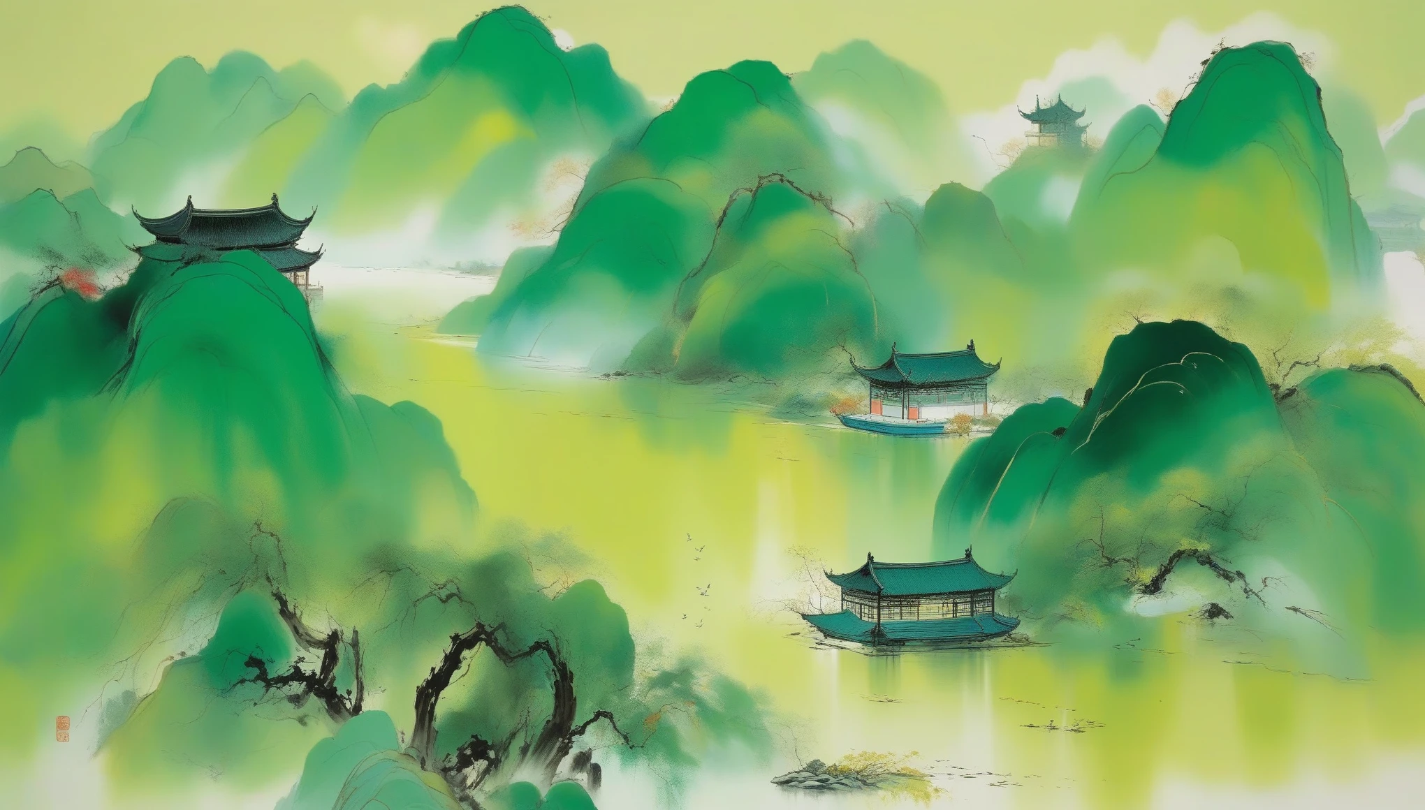 Wu Guanzhong, (Mil milhas de rios e montanhas), verde limão, O estilo de Wu Guanzhong é um estilo artístico que combina técnicas tradicionais de pintura a tinta chinesa com conceitos ocidentais, caracterizado pelo uso de perspectivas modernas na interpretação de temas tradicionais e na criação de efeitos visuais únicos através de cores e linhas.