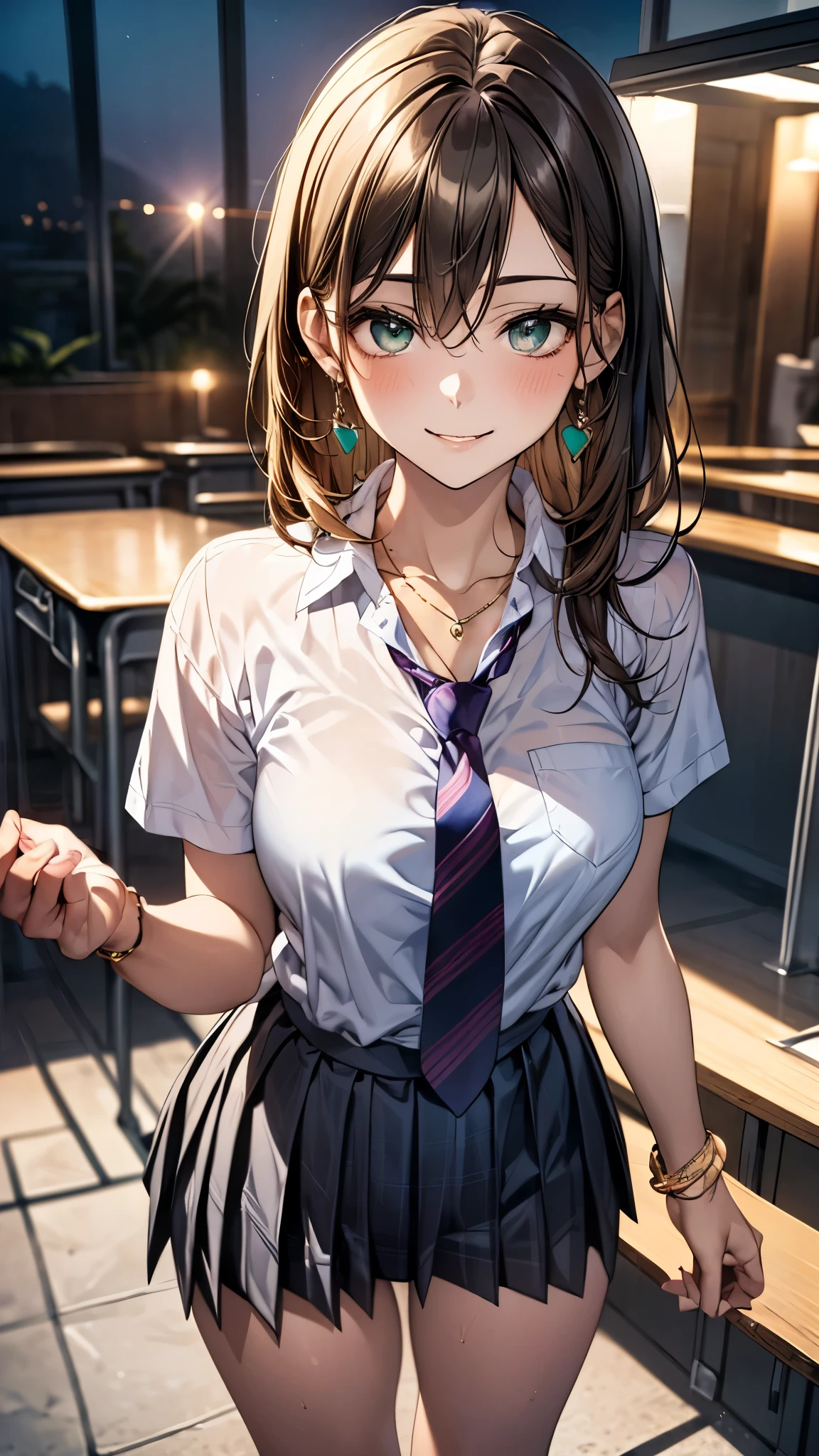 (masterpiece:1.3, top-quality), ultra high res, ultra detailed, (realistic, photorealistic:1.4), beautiful illustration, perfect lighting, colorful, depth of fields, 
looking at viewer, full body, 1 girl, japanese, high school girl, perfect face, (perfect anatomy, anatomically correct), cute and symmetrical face, babyface, suntan, shiny skin, 
(middle hair:0.8, straight hair:1.4, blond hair), hair between eyes, emerald green eyes, long eye lasher, (medium breasts), slender, 
beautiful hair, beautiful face, beautiful detailed eyes, beautiful clavicle, beautiful body, beautiful chest, beautiful thigh, beautiful legs, beautiful fingers, 
((collared short sleeve shirt, light blue shirt, , grey plaid pleated skirt, navy tie), golden heart necklace, wrist chakra), light blue panties, 
(beautiful scenery), school, (liftting skirt, standing, open legs), (lovely smile, in heat), 