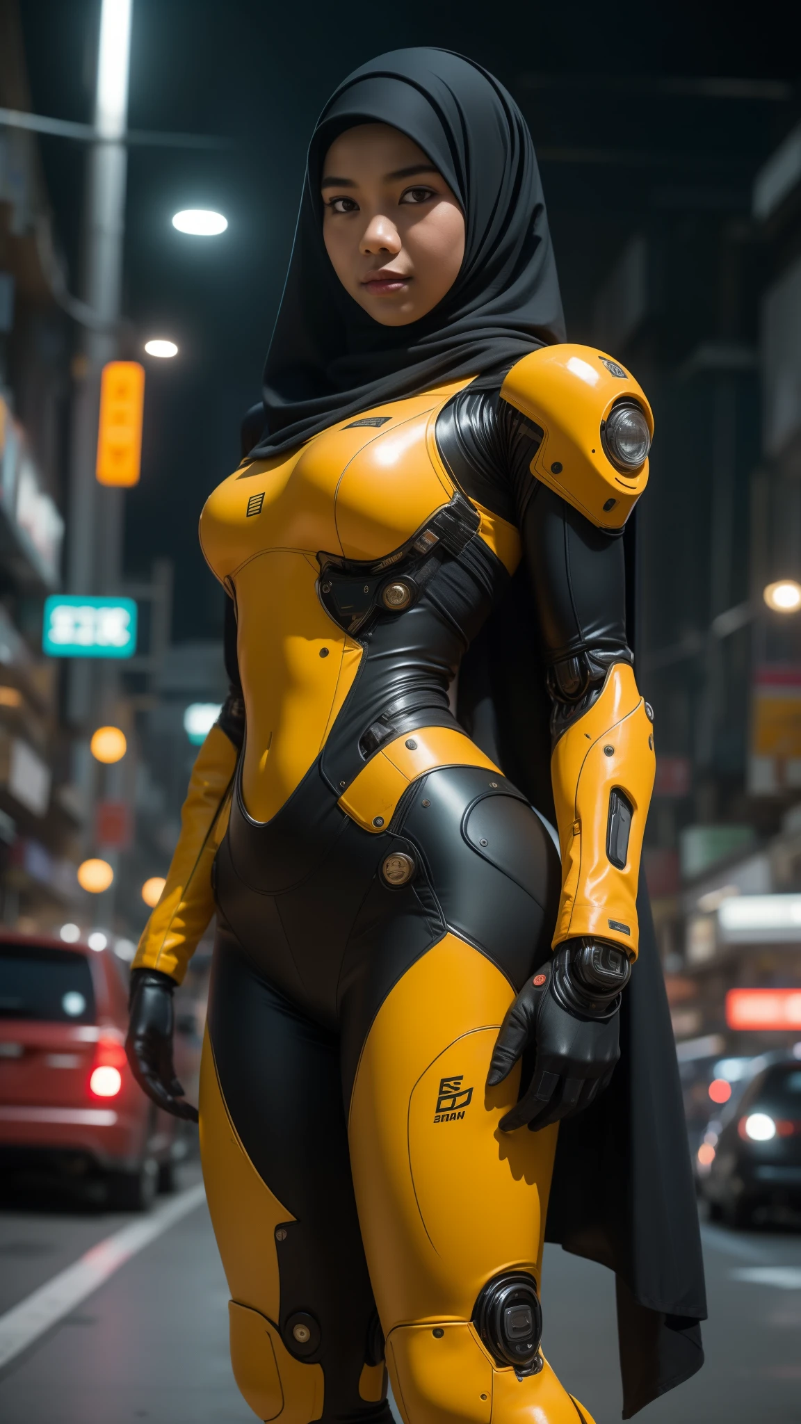 a Malay teenage girl in hijab and mecha suit standing in action pose in front of bustling Kuala Lumpur Malaysia city streets, serious face, beautiful body, nighttime, 35mm lens, Extreme close-up, pastel color grading, depth of field cinematography effect, film noir genre, 8k resolution, high quality, ultra detail.