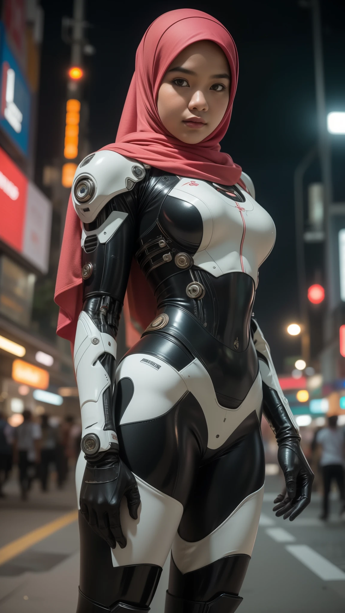 a Malay teenage girl in hijab and mecha suit standing in action pose in front of bustling Kuala Lumpur Malaysia city streets, serious face, beautiful body, nighttime, 35mm lens, Extreme close-up, pastel color grading, depth of field cinematography effect, film noir genre, 8k resolution, high quality, ultra detail.