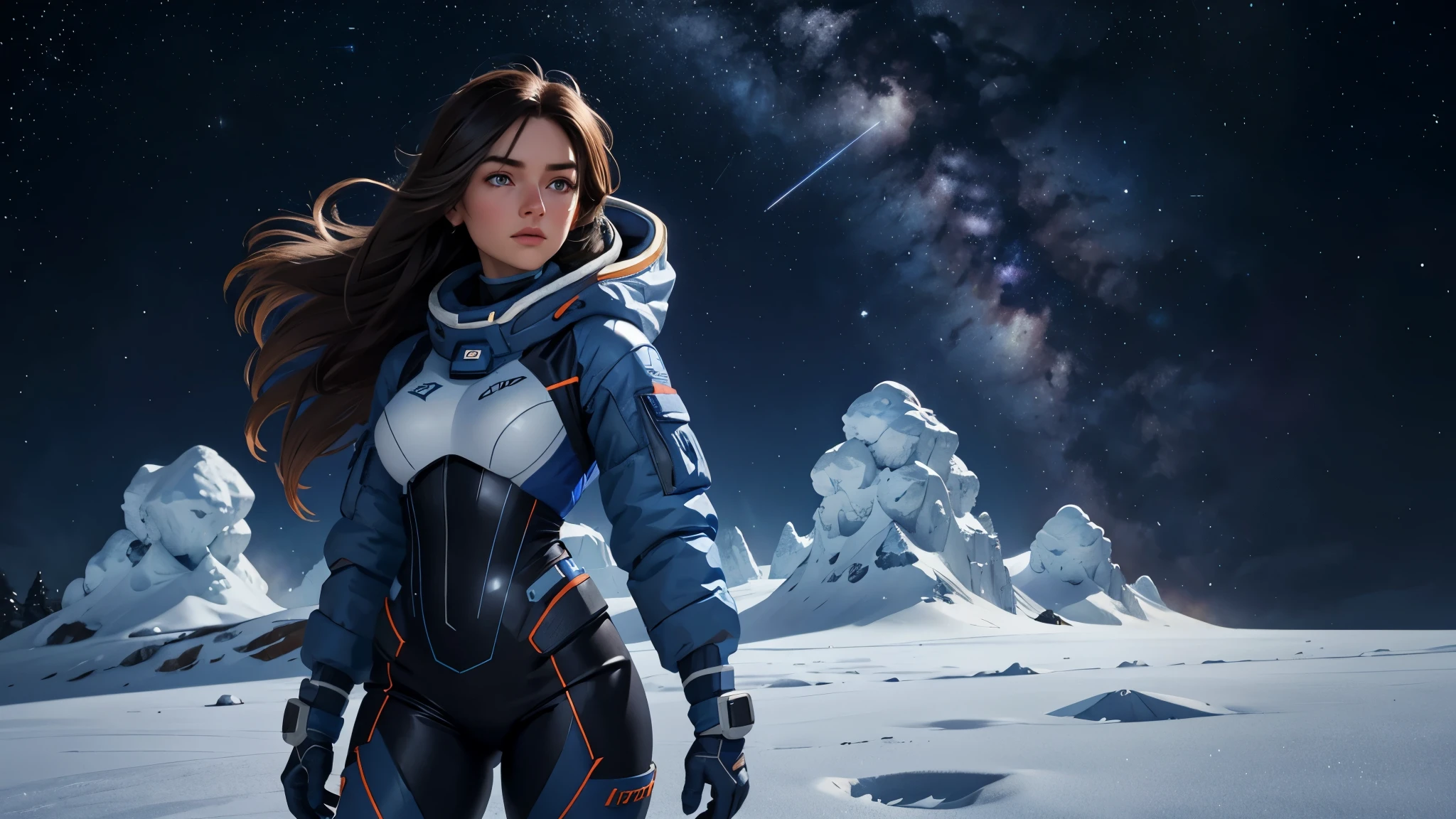 (Meisterwerk), best quality, ausdrucksstarke Augen, Perfektes Gesicht, long blue hair medium cute ass cute face standing on a snow plannet background Room with many stars and shooting star spacesuit, Starfield, orange and blue lighting (8K Quality) Atemberaubende Charakterkunst, a woman in a blue and white outfit, Beautiful Breasts