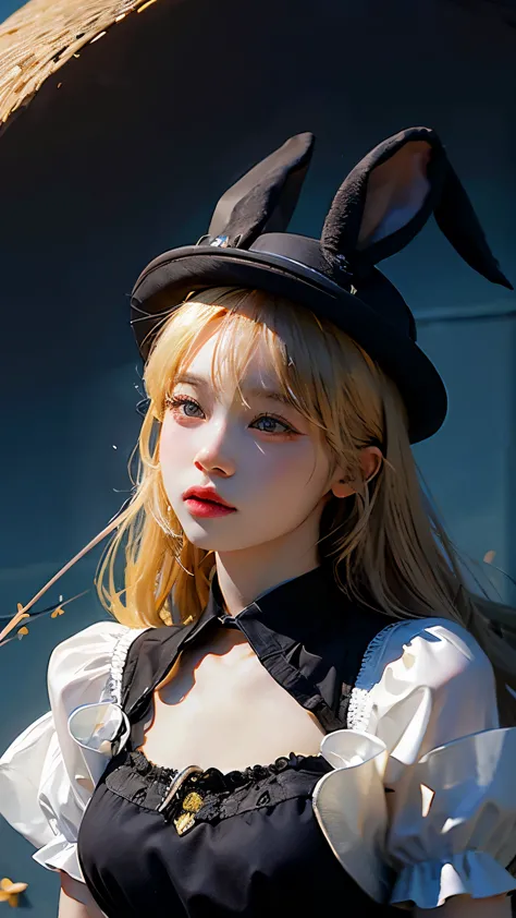 a todo color, detailed illustration of a blonde bunny girl wearing a black fedora hat, orejas de conejo, vestido negro sexy, cie...