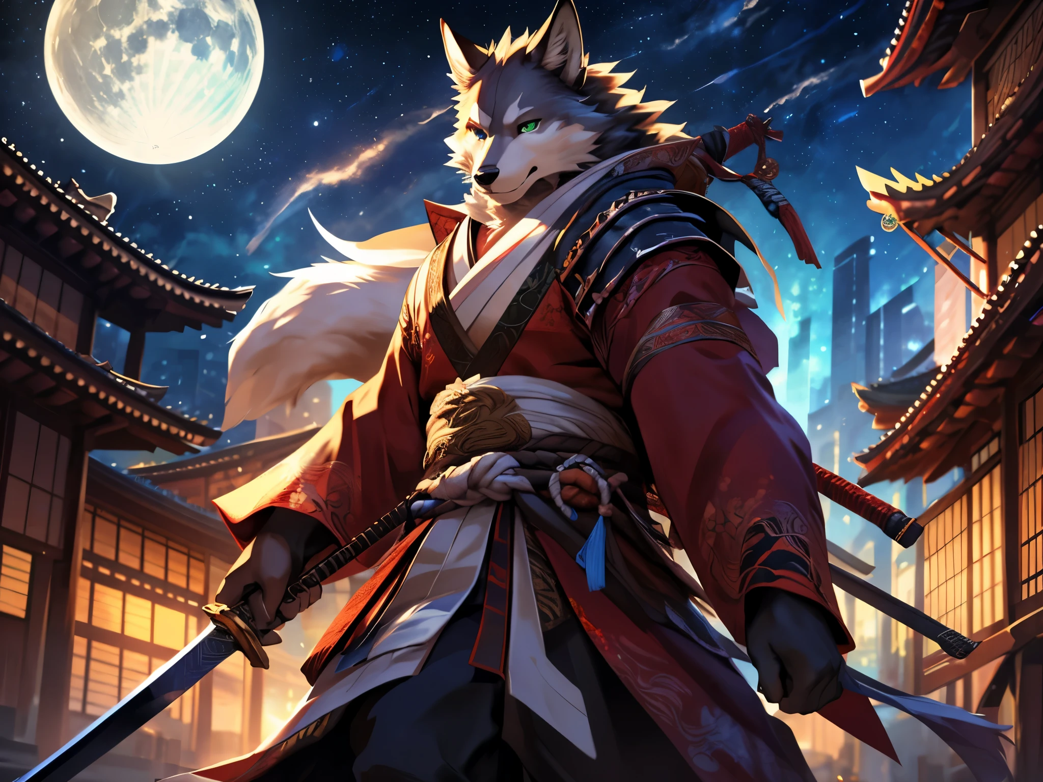 posted on e621, (by Chunie), male, Wolf anthro, solo, light green eyes, (Realistic eye details 1.2), anime character with a sword in a city at night, onmyoji detailed art, fox nobushi holding a naginata, onmyoji, fox nobushi, colorful kitsune city, anthropomorphic cat ninja, traditional japanese concept art, inspired by Ryūsei Kishida, moon bear samurai, moon bull samurai, samurai cat, in a panoramic view, masterpiece, Abstract beauty, ultra detailed face, depth of field, motion blur, high details, high quality, award winning, HD, 16k, (best quality,4k,8k,highres,masterpiece:1.2),ultra-detailed,realistic:1.37,HDR,UHD,studio lighting,extreme detail description,professional,vivid colors,bokeh,lively atmosphere, natural lighting