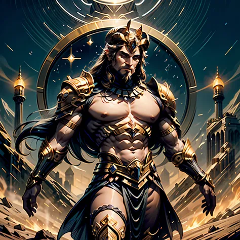 cosmic chronicles: knights of olympus: aries: a towering figure with broad shoulders and a commanding presence. he wears intrica...