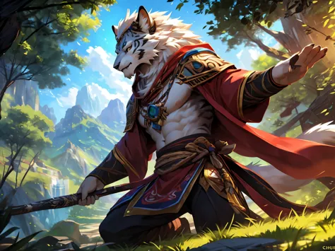posted on e621, (by Chunie), male, Wolf anthro, solo, (Realistic eye details 1.2), anime character with a white lion on his head...