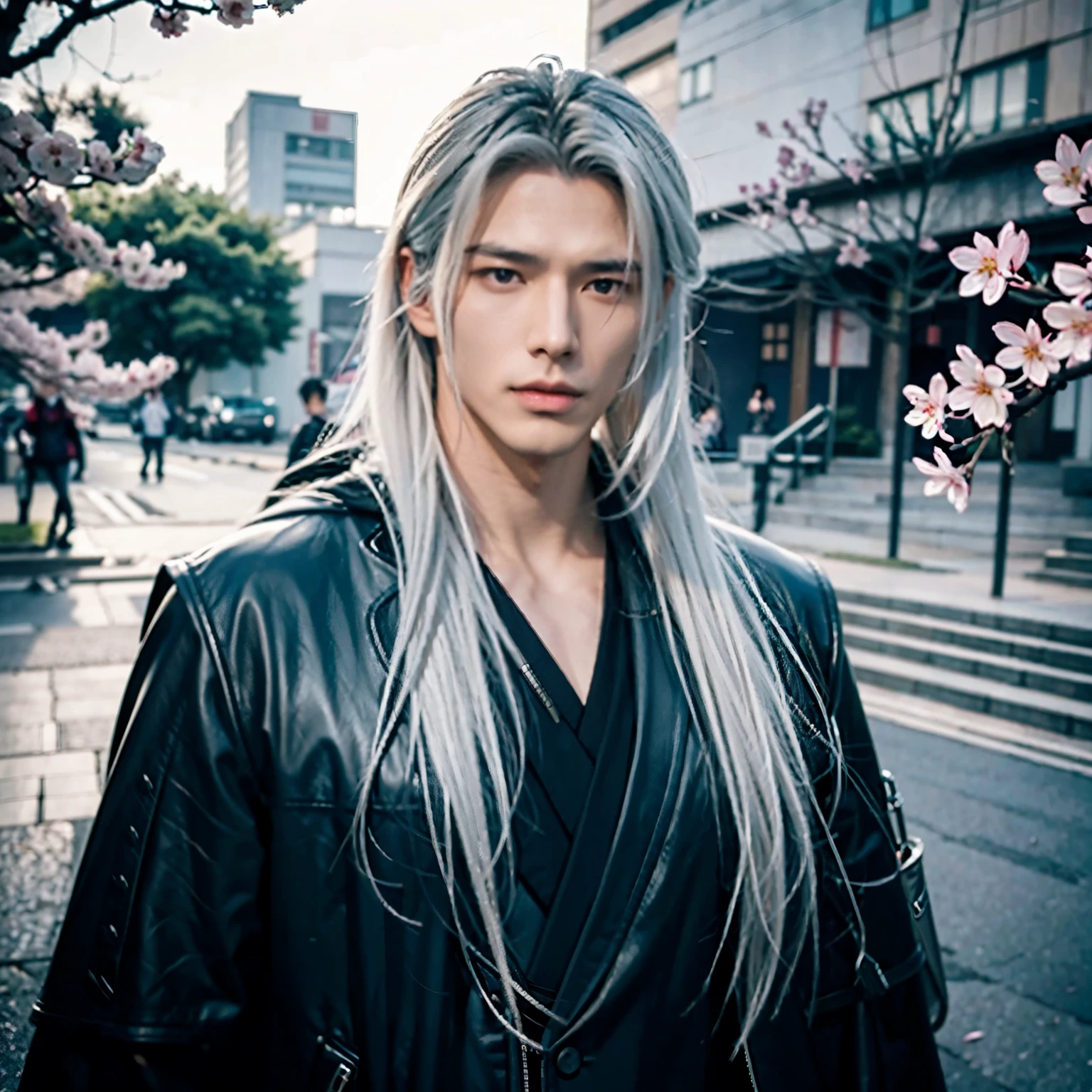 um close-up de um homem com cabelo comprido e uma jaqueta preta, Sephiroth, com seu longo cabelo preto, de Final Fantasy VII,  Uma foto de Sephiroth,  Sephiroth, Final Fantasy, Sebastian Michaelis,  Hiper-realista Rosto ultra detalhado, masculine, Rosto asiático, Rosto Japonês, flores de cerejeira ao fundo, Rosto Japonês, masculine 