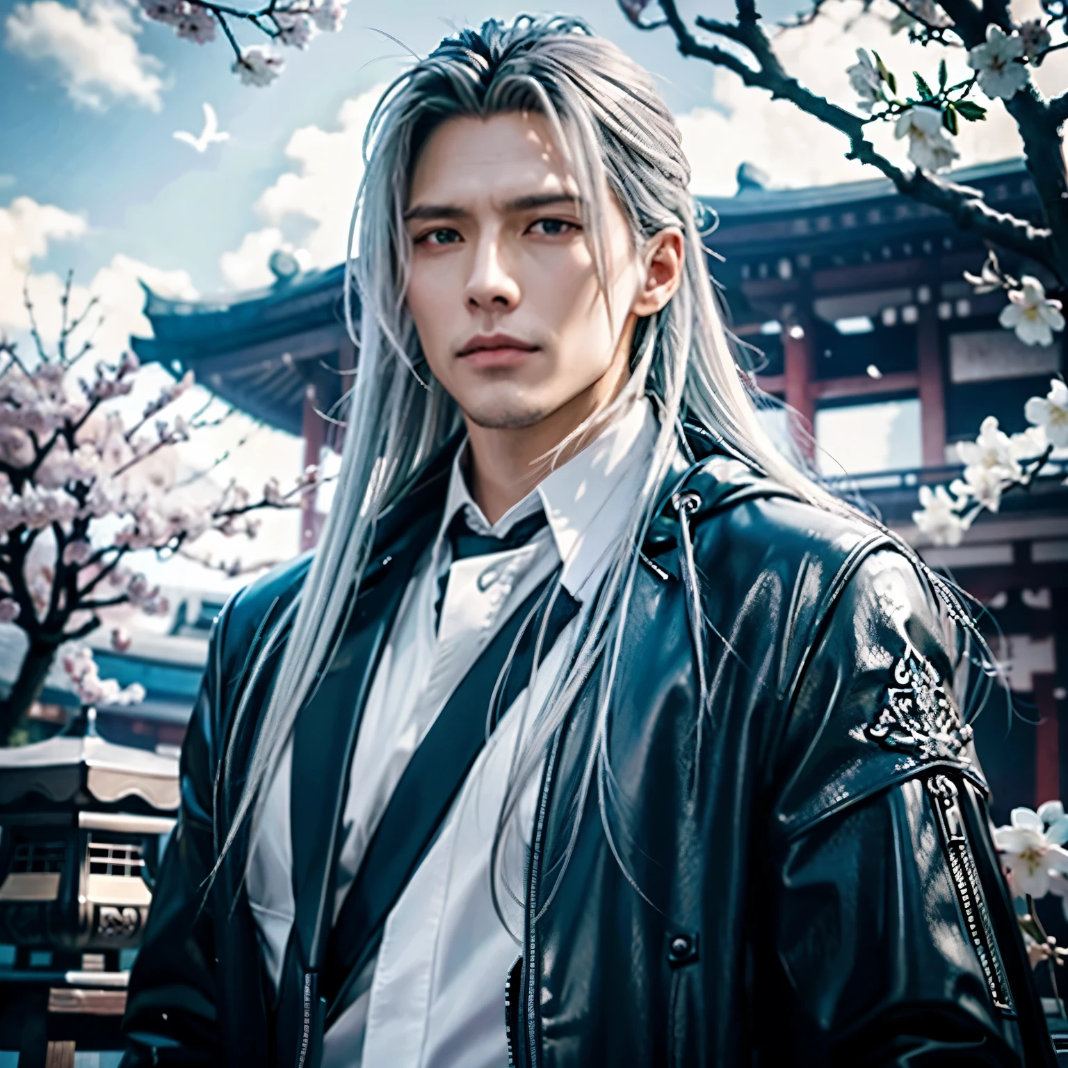 eine Nahaufnahme einem Mann mit langen Haaren und einer schwarzen Jacke, Sephiroth, mit seinen langen schwarzen Haaren, aus Final Fantasy VII,  ein Foto von Sephiroth,  Sephiroth aus Final Fantasy, sebastian michaelis,  Hyperrealistisch  Ultra detailliertes Gesicht, männlich, Asiatisches Gesicht, Japanisches Gesicht, Kirschblüten im Hintergrund, Japanisches Gesicht, männlich 