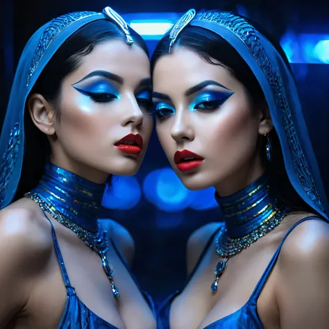 Sensuality and mystery: (duas lindas mulheres, loiras olhos  azuis e seios grandes, Corpo todo, Roupas transparentes, vista de f...