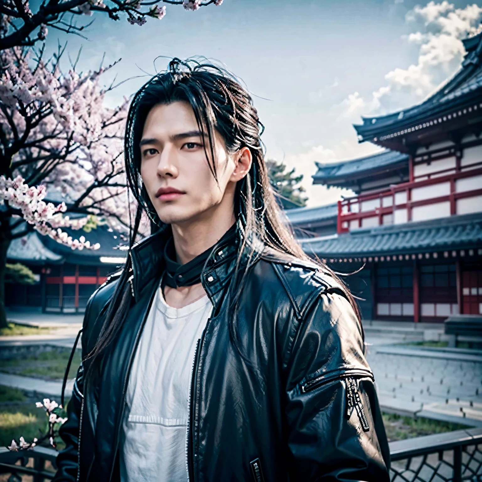 a close-up of a man with long hair and a black jacket, Sephiroth, with his long black hair, aus Final Fantasy VII,  a photo of Sephiroth,  Sephiroth from final fantasy, sebastian michaelis,  Hyperrealistic Ultra detailed face, masculine, asian face, japanese Face, cherry blossoms in the background, japanese Face, masculine 