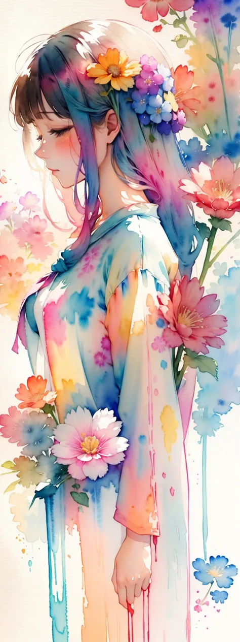 watercolor art, (watercolor painting: In this ethereal scenery, colorful flowers), Dreams and reality are intertwined. The air i...