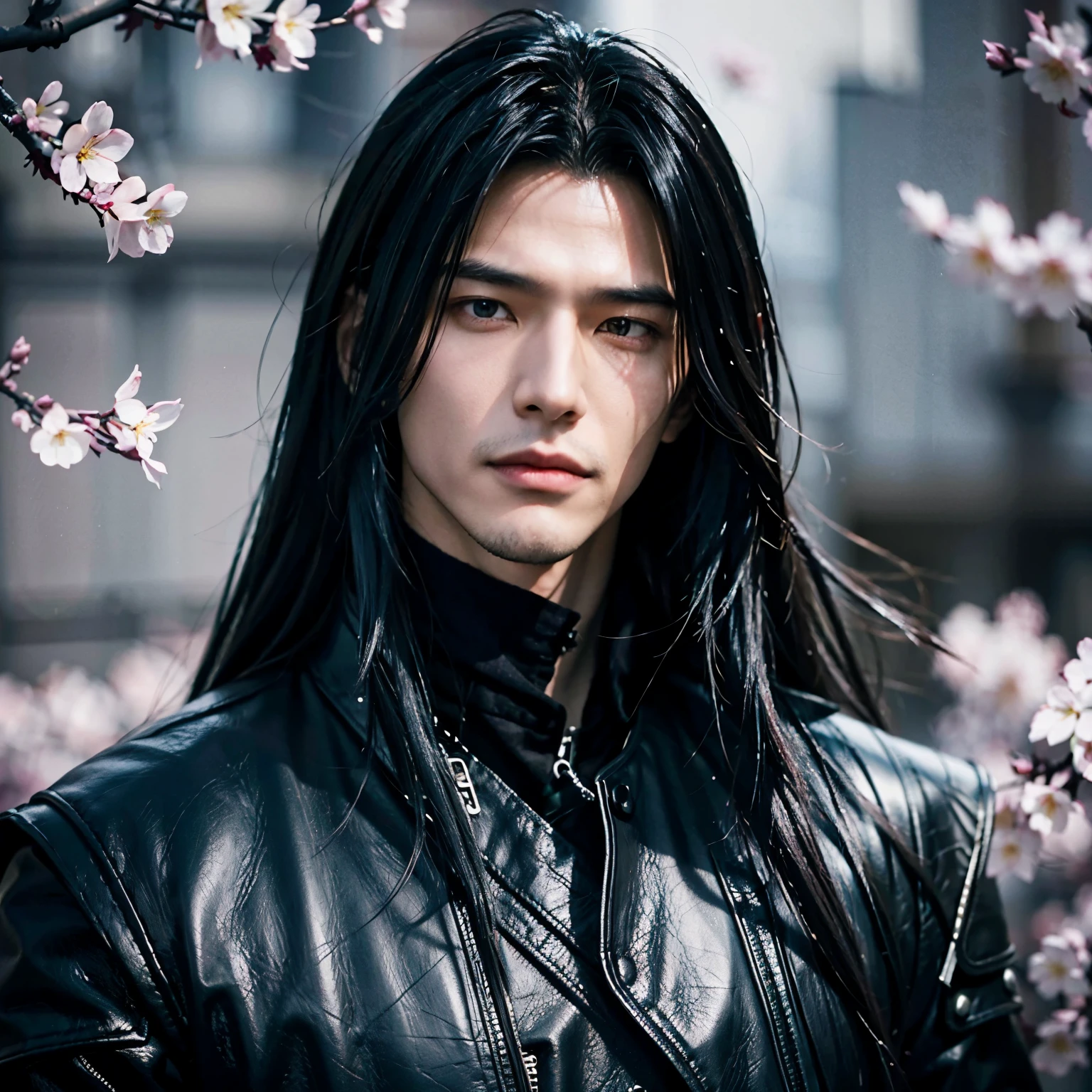 a close-up of a man with long hair and a black jacket, Sephiroth, with his long black hair, aus Final Fantasy VII,  a photo of Sephiroth,  Sephiroth from final fantasy, sebastian michaelis,  Hyperrealistic Ultra detailed face, masculine, asian face, japanese Face, cherry blossoms in the background, japanese Face, masculine 