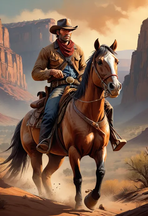 A cowboy on a horse, lonely, digital illustration of Arthur Morgan from Red Dead Redemption, western art by Tim Doyle, trending ...