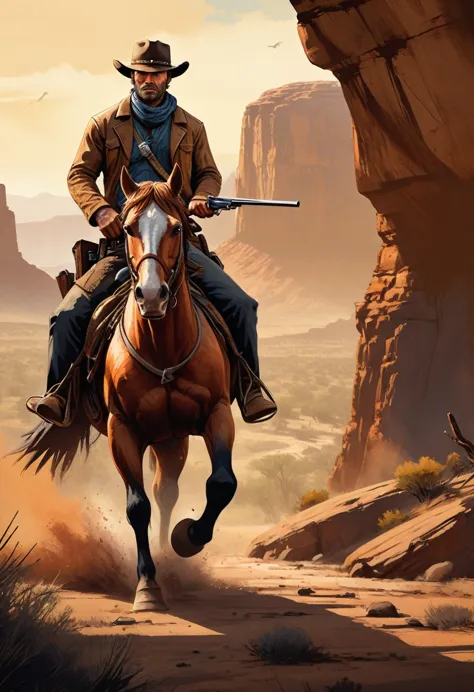 A cowboy on a horse, lonely, digital illustration of Arthur Morgan from Red Dead Redemption, western art by Tim Doyle, trending ...