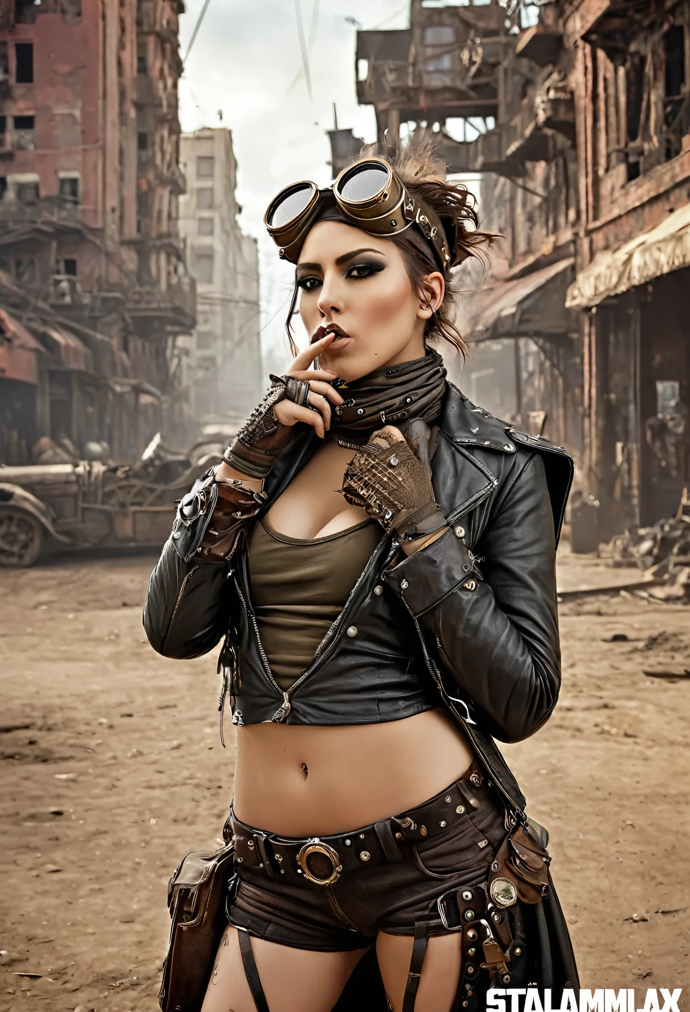 ambiente steampunk, dramatic art, estilo de arte dieselpunk, apocalyptic road warrior vibe, a beautiful girl wearing beautiful mirrored sunglasses that reflects everything around her, she&#39;s pointing her finger at the horizon, ela tem o rosto sujo de graxa, she has a scarf covering her mouth, ela tem o rosto sujo de graxa, arte digital surrealista, Mad Max inspirado, heavy metal artwork, simetria da face cromada, arte steampunk digital, no estilo Mad Max, metal art, not art style by Filip Hodas, arte digital steampunk, dieselpunk, in a world with dilapidated and smoky buildings in a dystopian future
