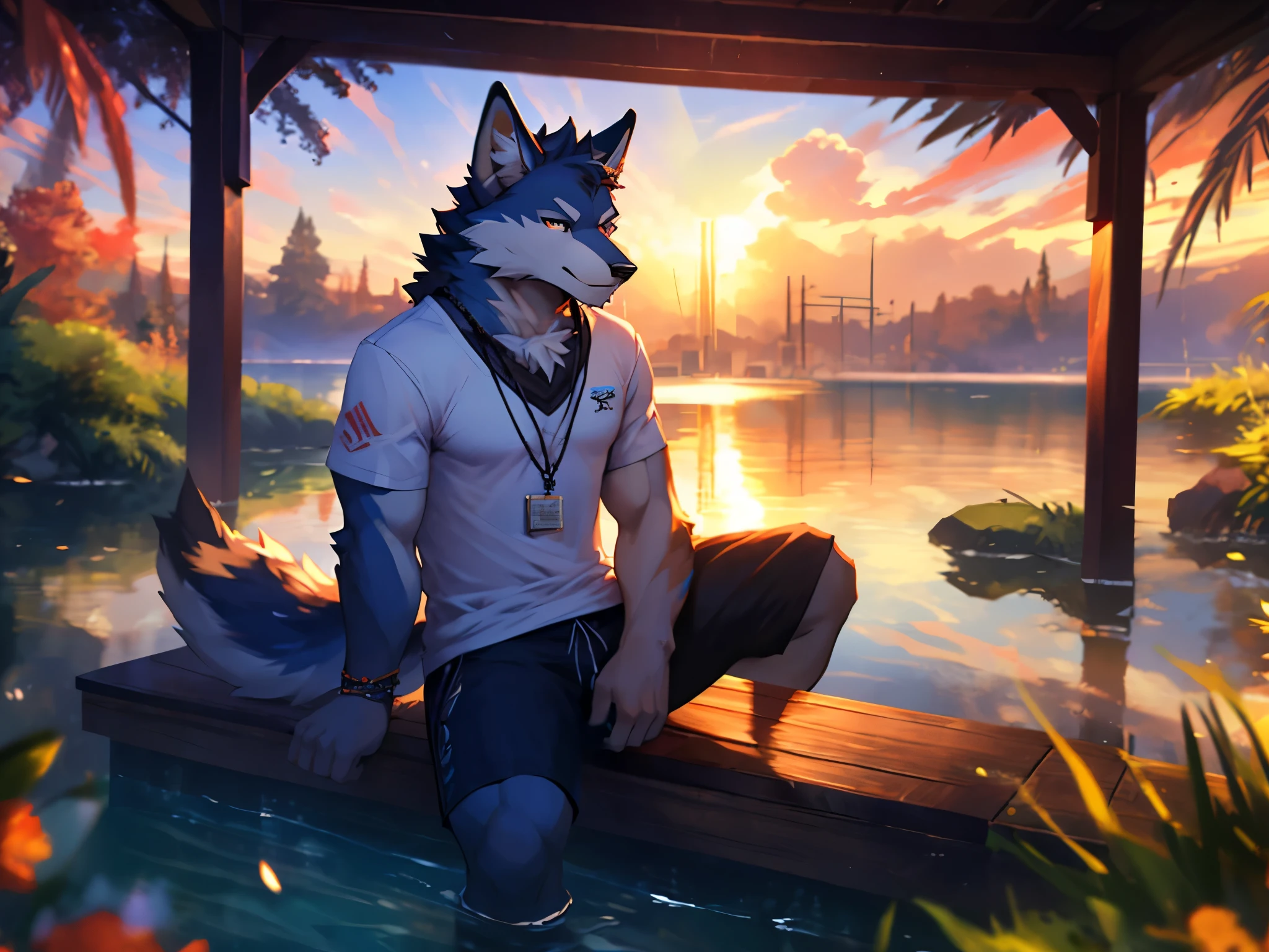 posted on e621, (by Chunie), male, Wolf anthro, Solo, (Realistic eye details 1.2), wearing a white t-shirt, black shorts, anime character, anime - style picture of one people sitting on a dock, very very beautiful furry art, commission for high res, afternoon hangout, pov furry art, furry art!!!, commission for, fursona art, commission art, anthro art, furry art, watching the sunset, commission on furaffinity, commission, oc commission, fursona furry art commission, slim body, full body like, in a panoramic view, masterpiece, Abstract beauty, ultra detailed face, depth of field, motion blur, high details, high quality, award winning, HD, 16k, (best quality,4k,8k,highres,masterpiece:1.2),ultra-detailed,realistic:1.37,HDR,UHD,studio lighting,extreme detail description,professional,vivid colors,bokeh,lively atmosphere, natural lighting