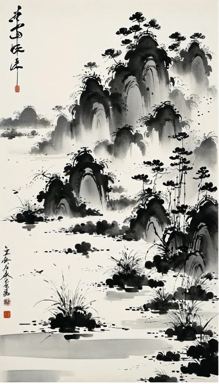 (peinture abstraite à l&#39;encre:1.5)，auteur:Wu Guanzhong,auteur:Wu Guanzhong，Le style artistique de Wu Guanzhong，La fusion de la peinture à l&#39;encre de Chine et de l&#39;esthétique moderniste，Des lignes et des formes simples mais puissantes，minimaliste，